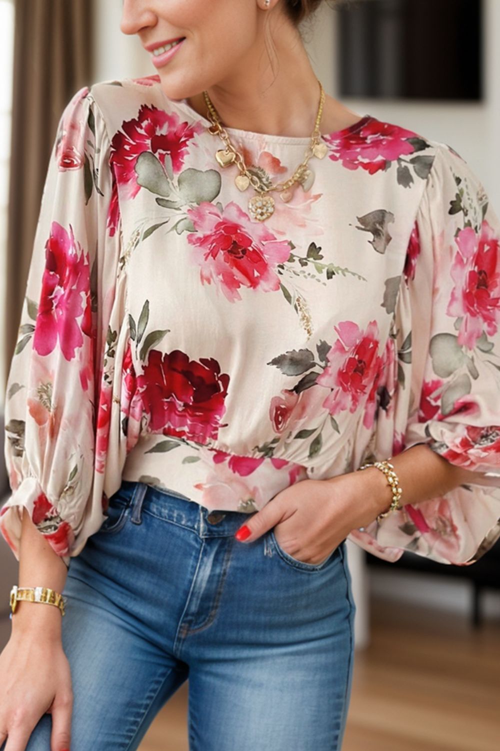 Tied Floral Round Neck Three-Quarter Sleeve Blouse-TOPS / DRESSES-[Adult]-[Female]-Floral-S-2022 Online Blue Zone Planet