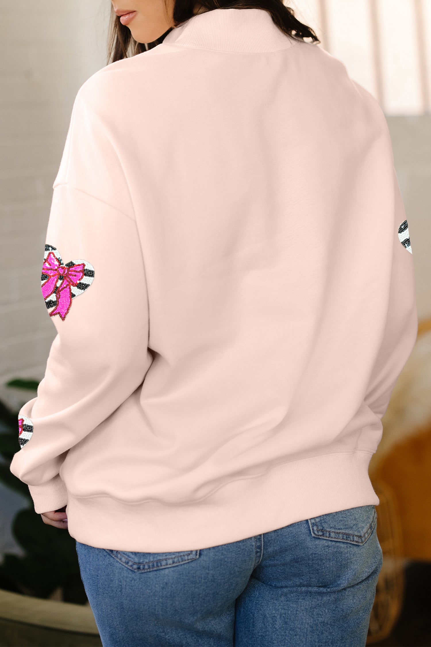 Apricot Pink Mock Neck Sequin Bow Striped Heart Patched Oversize Sweatshirt-Graphic Sweatshirts-[Adult]-[Female]-2022 Online Blue Zone Planet