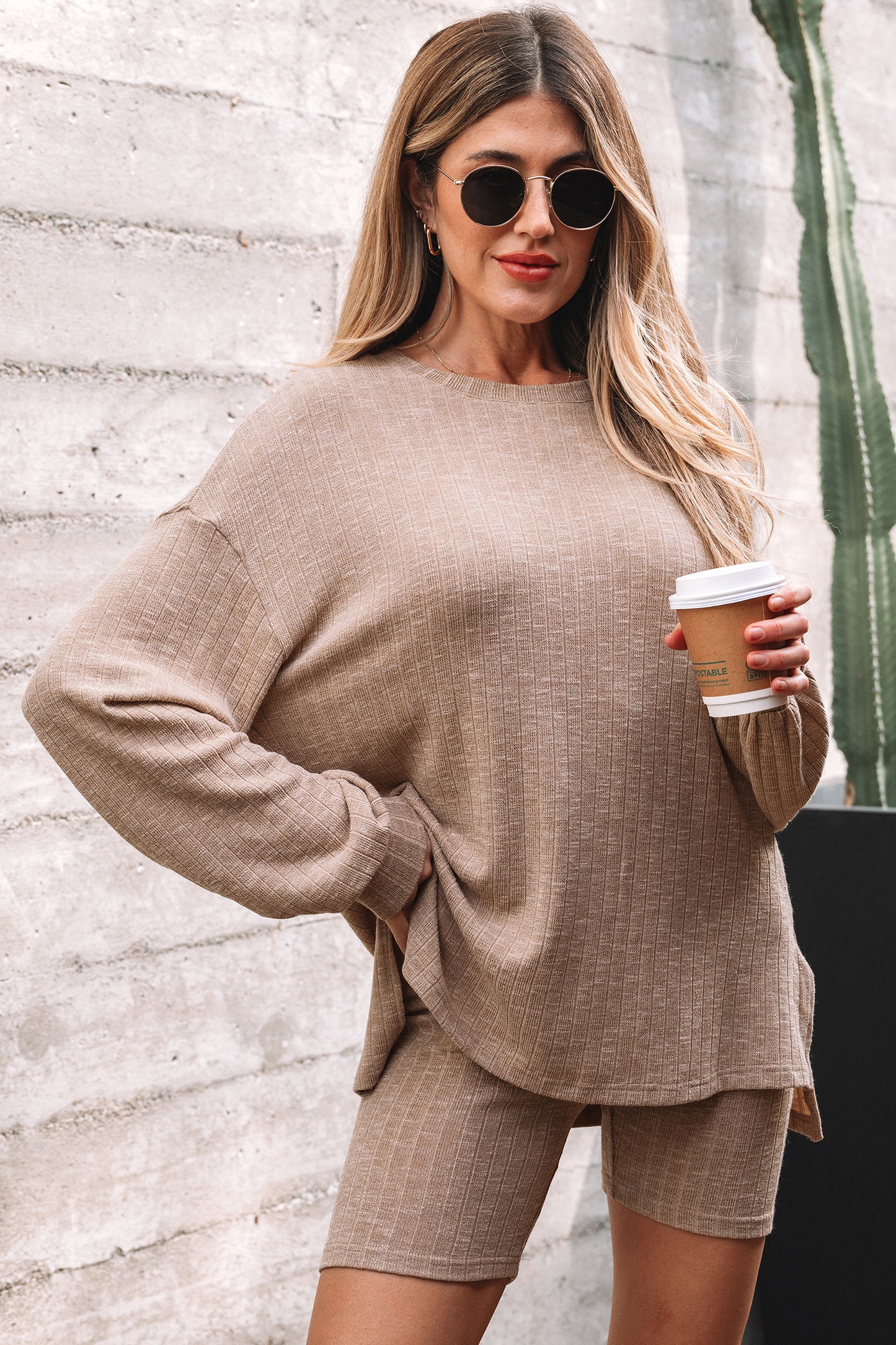 Dark Khaki Ribbed Balloon Sleeve Pullover Top and Biker Knitted Short Set-Two Piece Sets/Short Sets-[Adult]-[Female]-2022 Online Blue Zone Planet