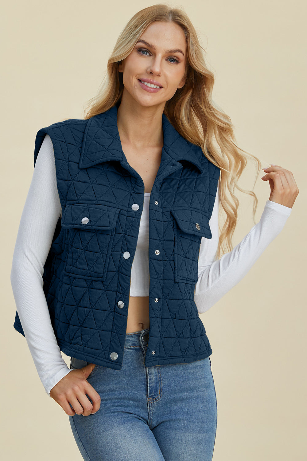 Double Take Full Size Pocketed Texture Snap Down Vest Coat-TOPS / DRESSES-[Adult]-[Female]-2022 Online Blue Zone Planet