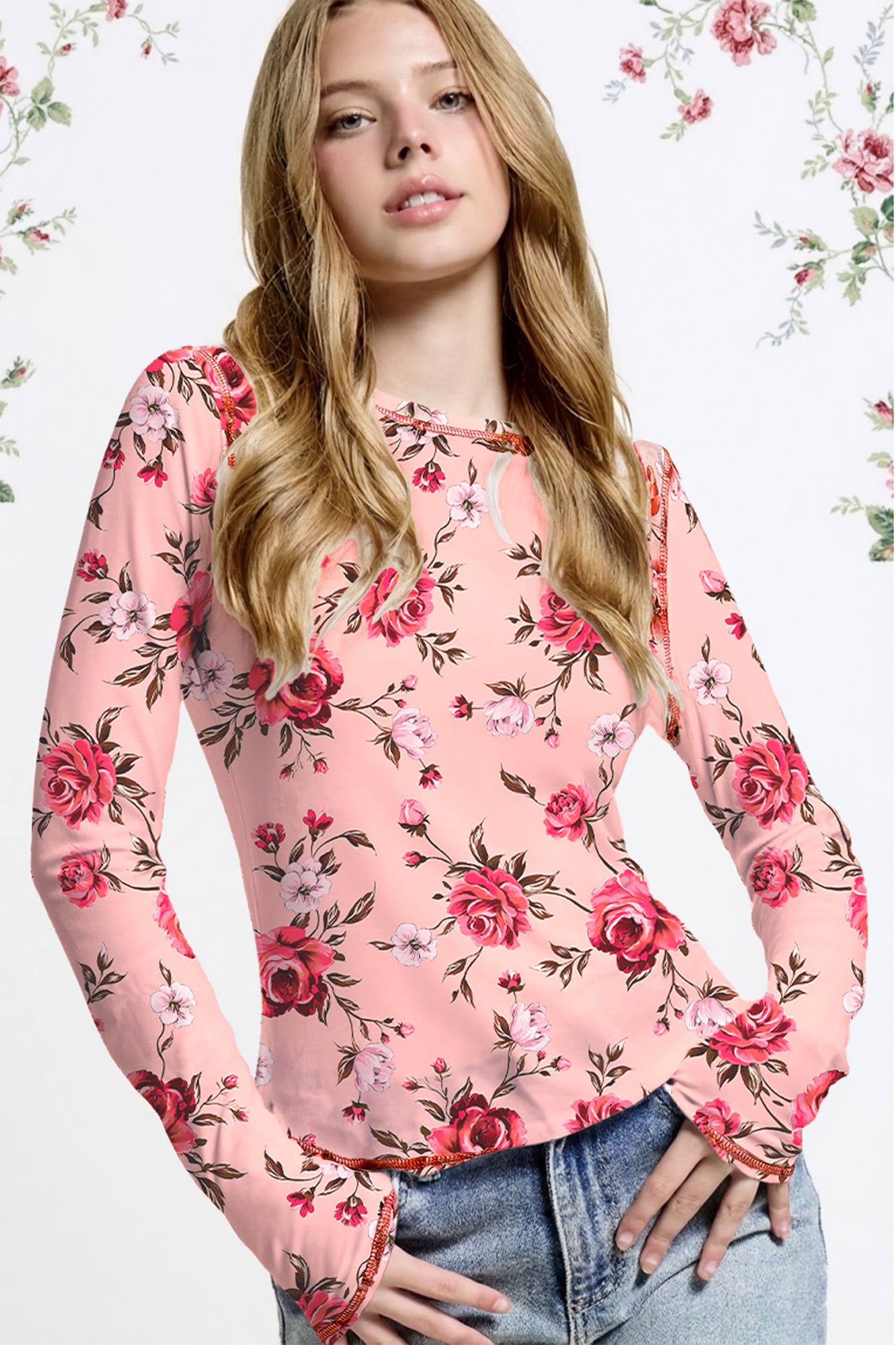 Pink Floral Print Exposed Seam Detail Mesh Long Sleeve Top-Tops/Long Sleeve Tops-[Adult]-[Female]-2022 Online Blue Zone Planet