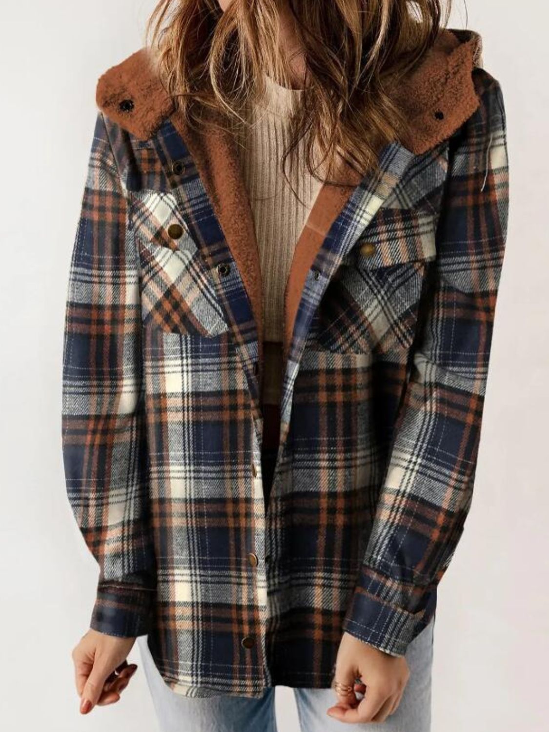 Plaid Snap Down Plush Hooded Jacket-TOPS / DRESSES-[Adult]-[Female]-Brown-S-2022 Online Blue Zone Planet