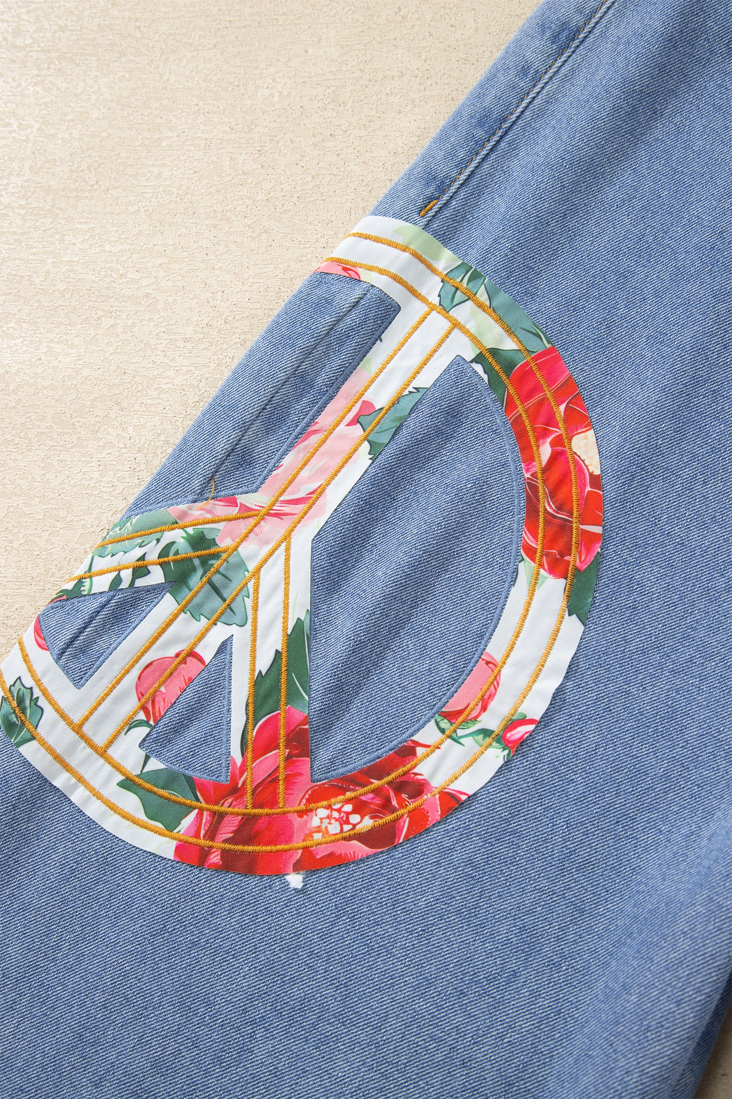 Myosotis Floral Peace Sign Embroidered Patch Wide Leg Jeans-Bottoms/Jeans-[Adult]-[Female]-2022 Online Blue Zone Planet