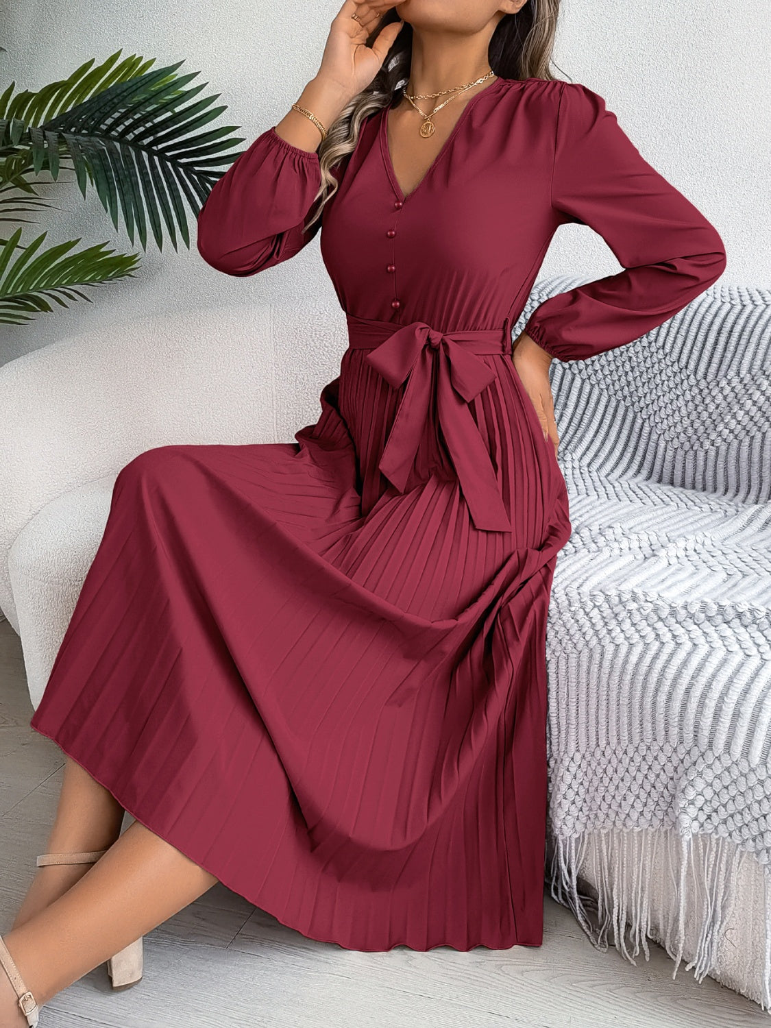 Pleated Tied V-Neck Long Sleeve Dress-TOPS / DRESSES-[Adult]-[Female]-2022 Online Blue Zone Planet