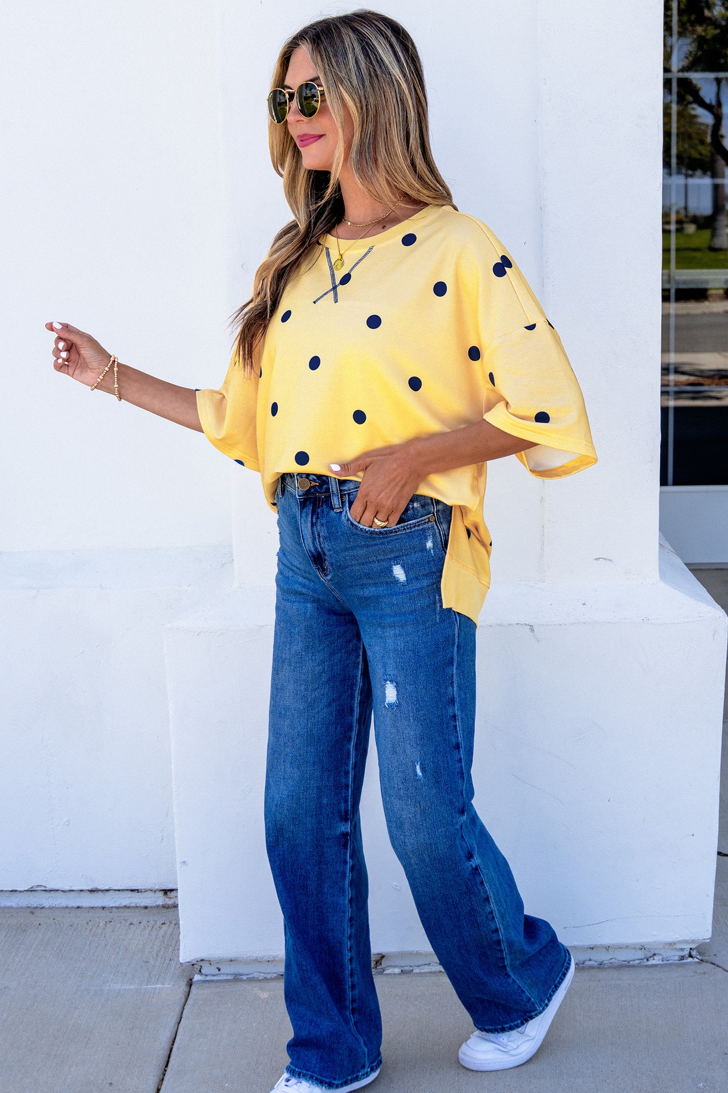 Yellow Polka Dot Print Crossed Seam Detail Oversize Tee-Tops/Tops & Tees-[Adult]-[Female]-2022 Online Blue Zone Planet