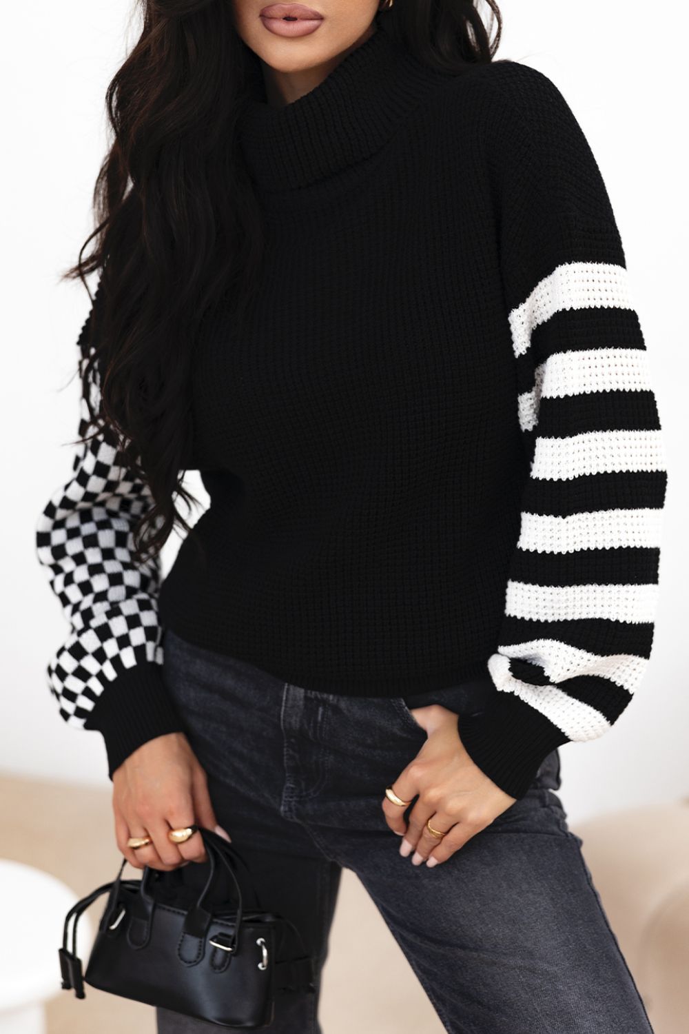 Striped & Checkered Turtleneck Dropped Shoulder Sweater-TOPS / DRESSES-[Adult]-[Female]-2022 Online Blue Zone Planet