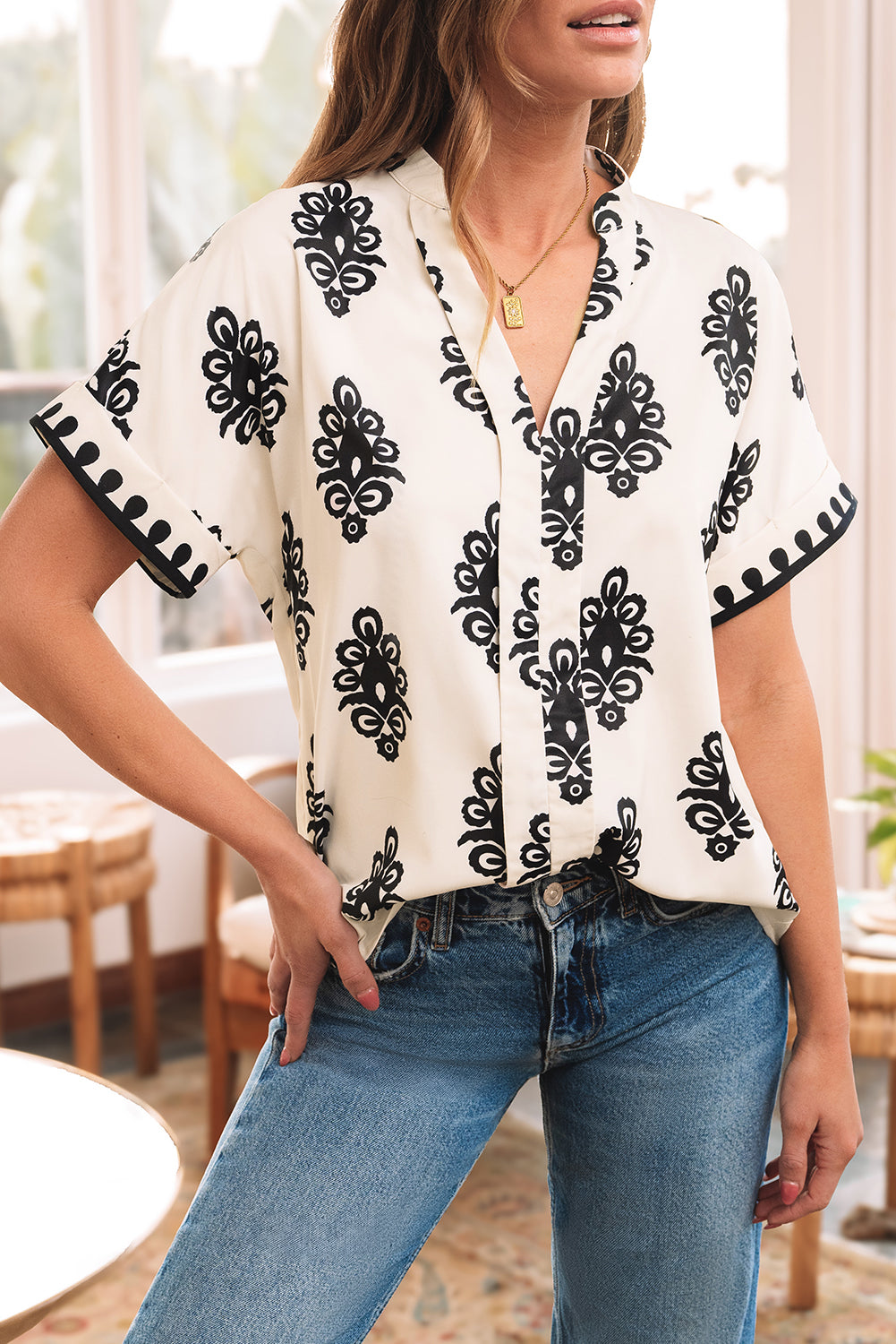 Black Geometric Print Short Sleeve V Neck Blouse-Tops/Blouses & Shirts-[Adult]-[Female]-2022 Online Blue Zone Planet