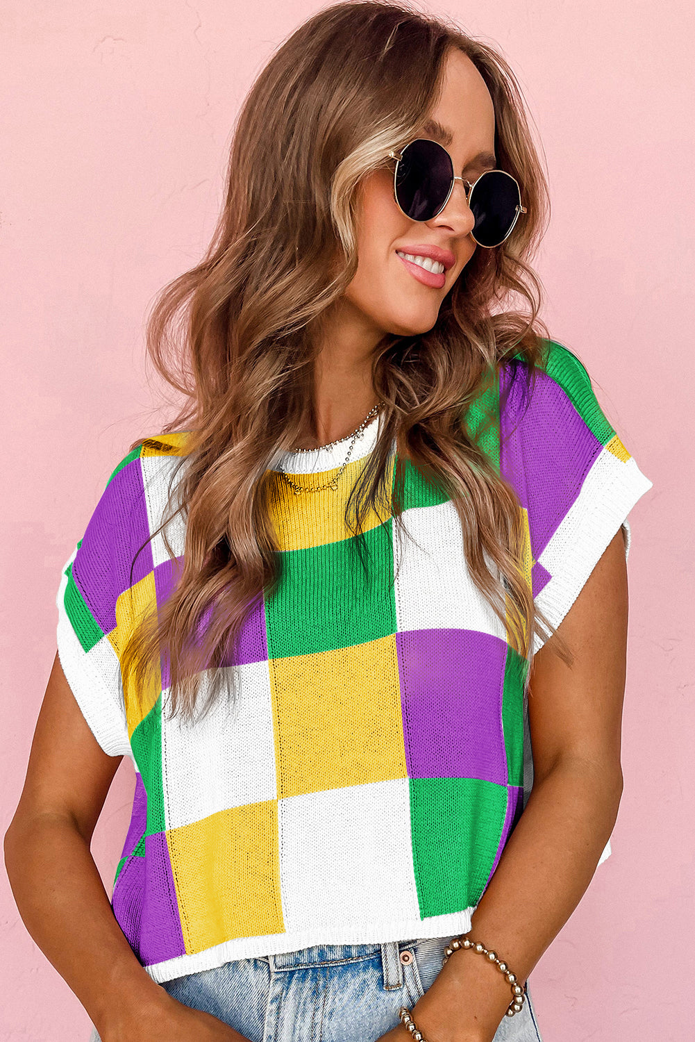 Tillandsia Purple Checkered Color Block Cap Sleeve Mardi Gras Knitted Top-Knit Tops-[Adult]-[Female]-2022 Online Blue Zone Planet