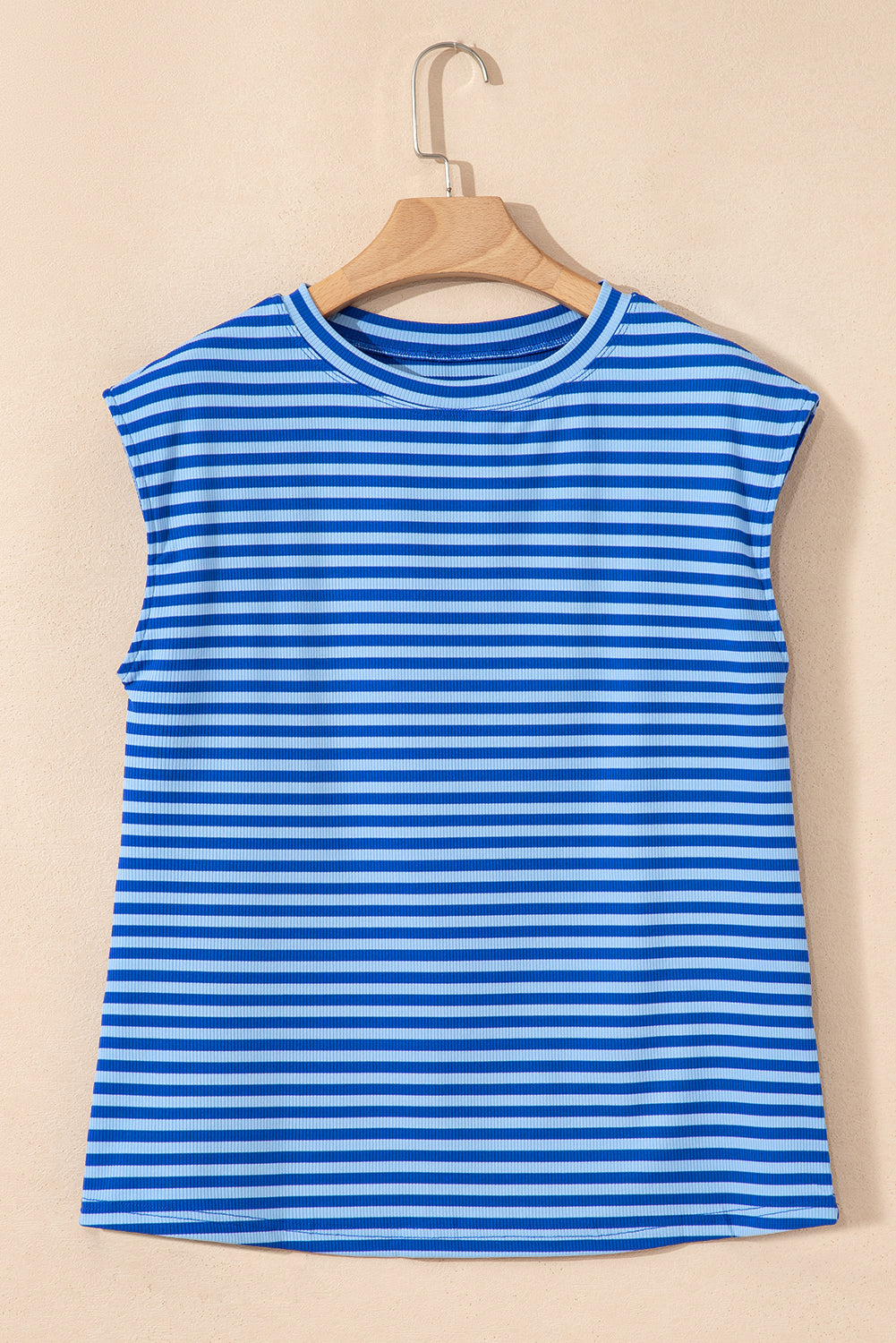 Sky Blue Stripe Ribbed Cap Sleeve Round Neck T Shirt-Tops/Tops & Tees-[Adult]-[Female]-2022 Online Blue Zone Planet