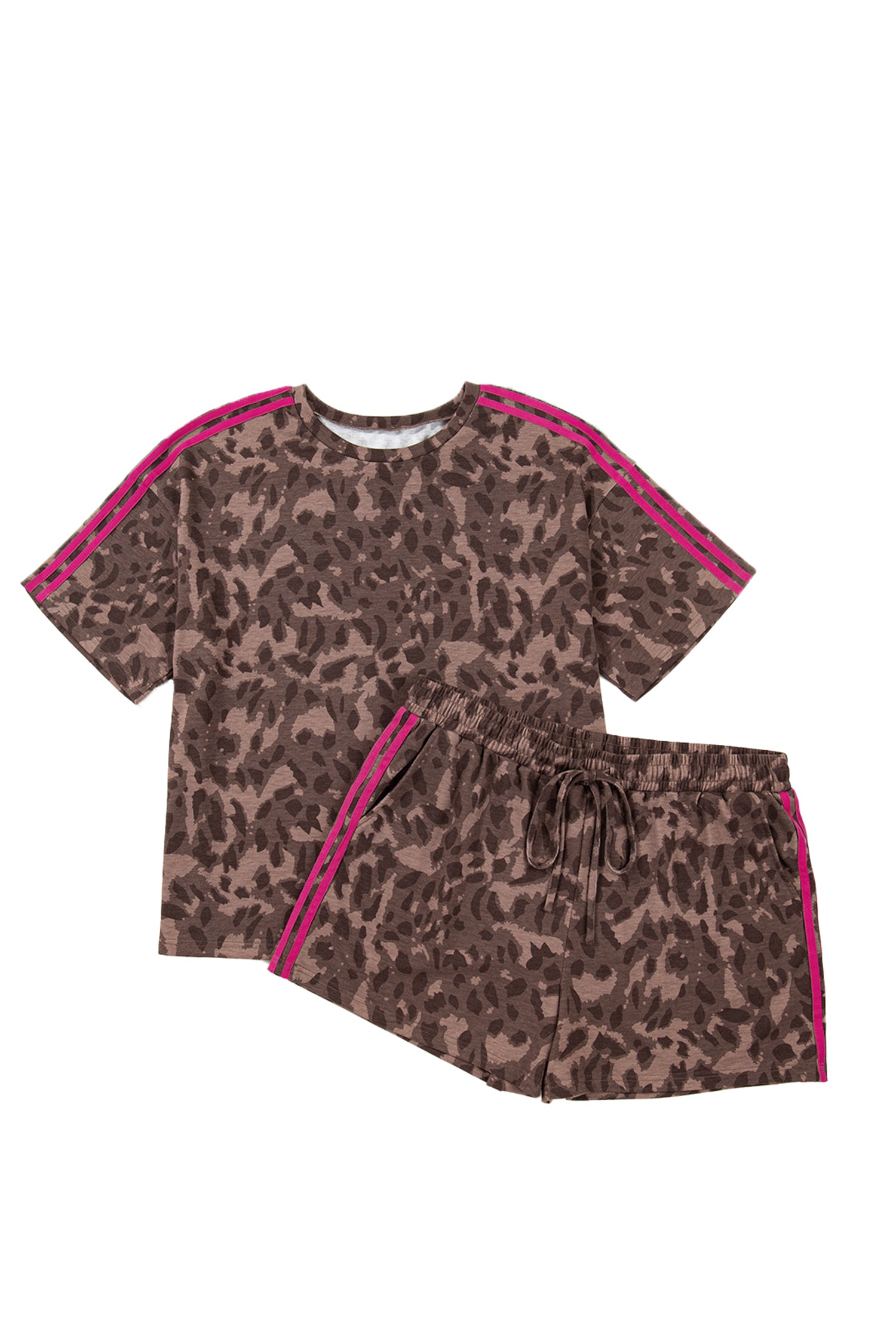 Brown Retro Leopard Print Contrast Varsity Stripe Trim Plus Size 2pcs Short Set-Plus Size/Plus Size Loungewear-[Adult]-[Female]-2022 Online Blue Zone Planet