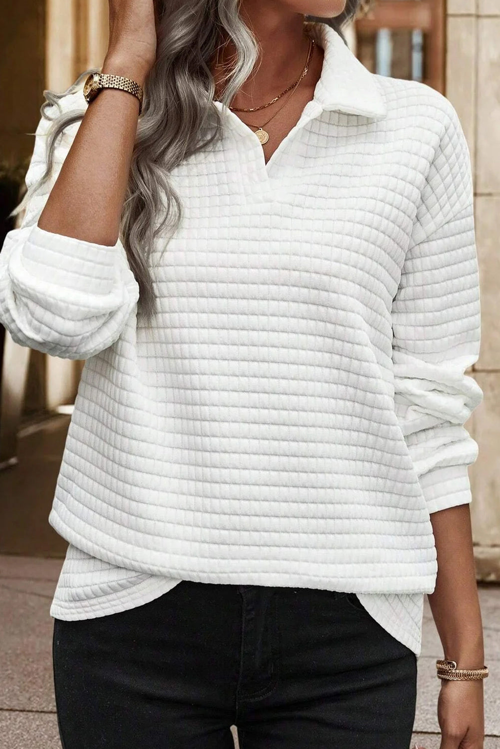 Blue Zone Planet | White Quilted Texture Sporty Collared Long Sleeve Top-Tops/Long Sleeve Tops-[Adult]-[Female]-White-S-2022 Online Blue Zone Planet