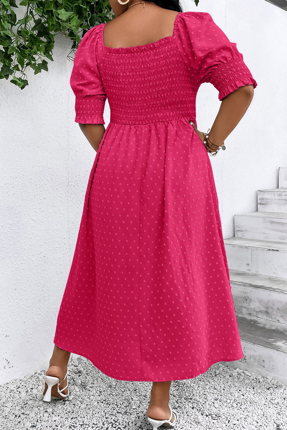 Sachet Pink Swiss Dot Smocked Frilled Neckline Short Sleeve Plus Size Dress-Plus Size/Plus Size Dresses/Plus Size Maxi Dresses-[Adult]-[Female]-2022 Online Blue Zone Planet