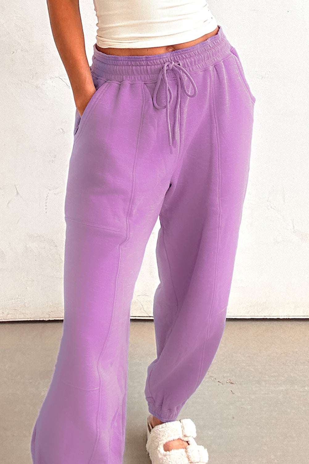 Lilac Drawstring Waist Patchwork Solid Color Jogger Pants-Bottoms/Pants & Culotte-[Adult]-[Female]-2022 Online Blue Zone Planet