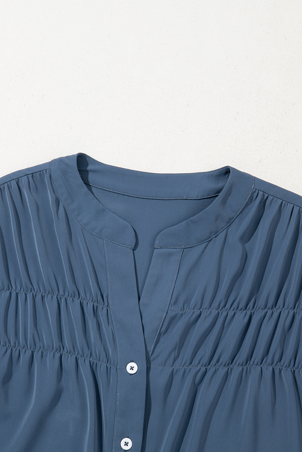 Real Teal Solid Color Ruffle Ruched Short Sleeve Buttoned Shirt-Tops/Blouses & Shirts-[Adult]-[Female]-2022 Online Blue Zone Planet