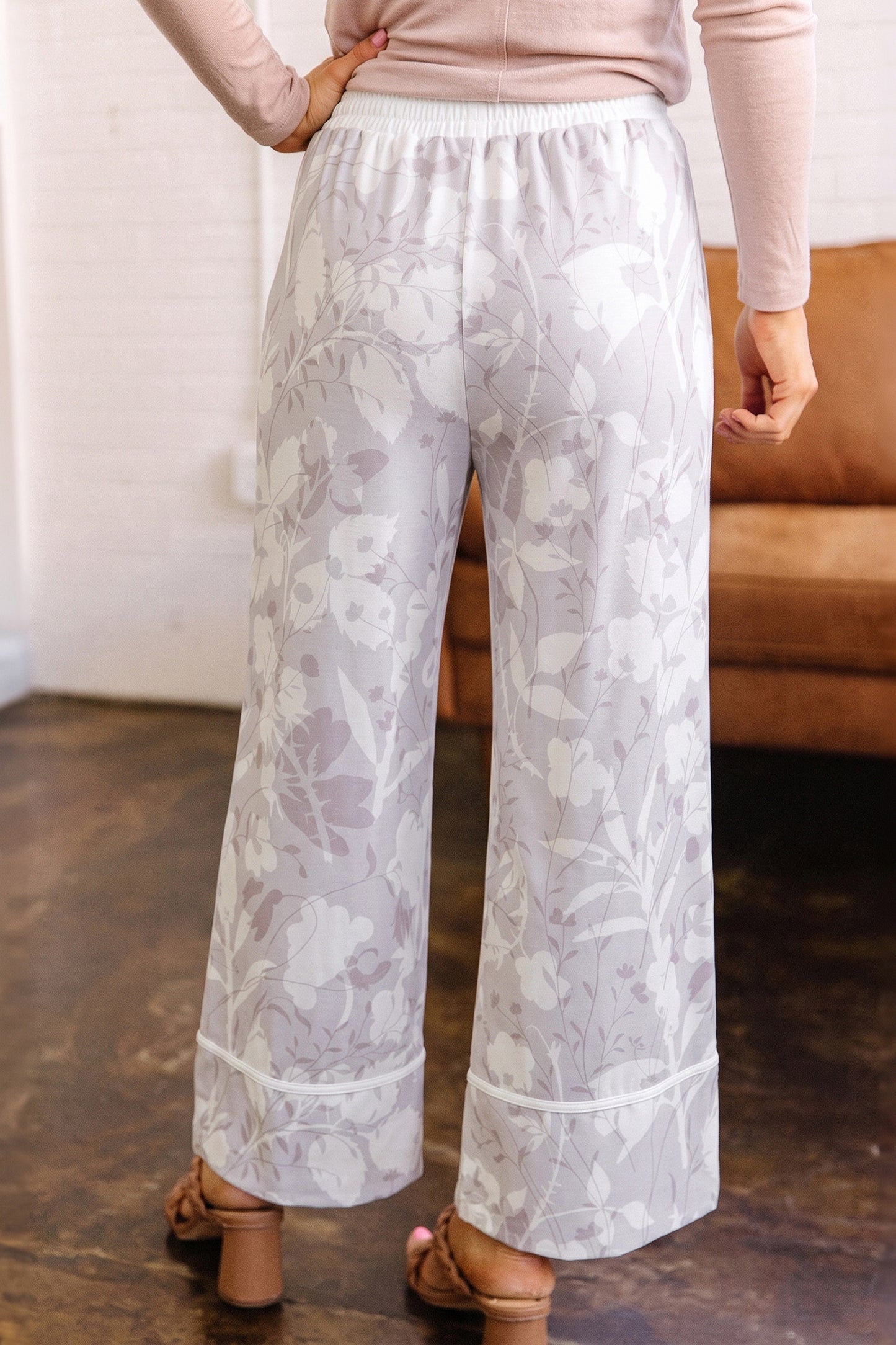 Gray Floral Print Wide Leg Ankle-Length Elastic Waistband Pants-Bottoms/Pants & Culotte-[Adult]-[Female]-2022 Online Blue Zone Planet