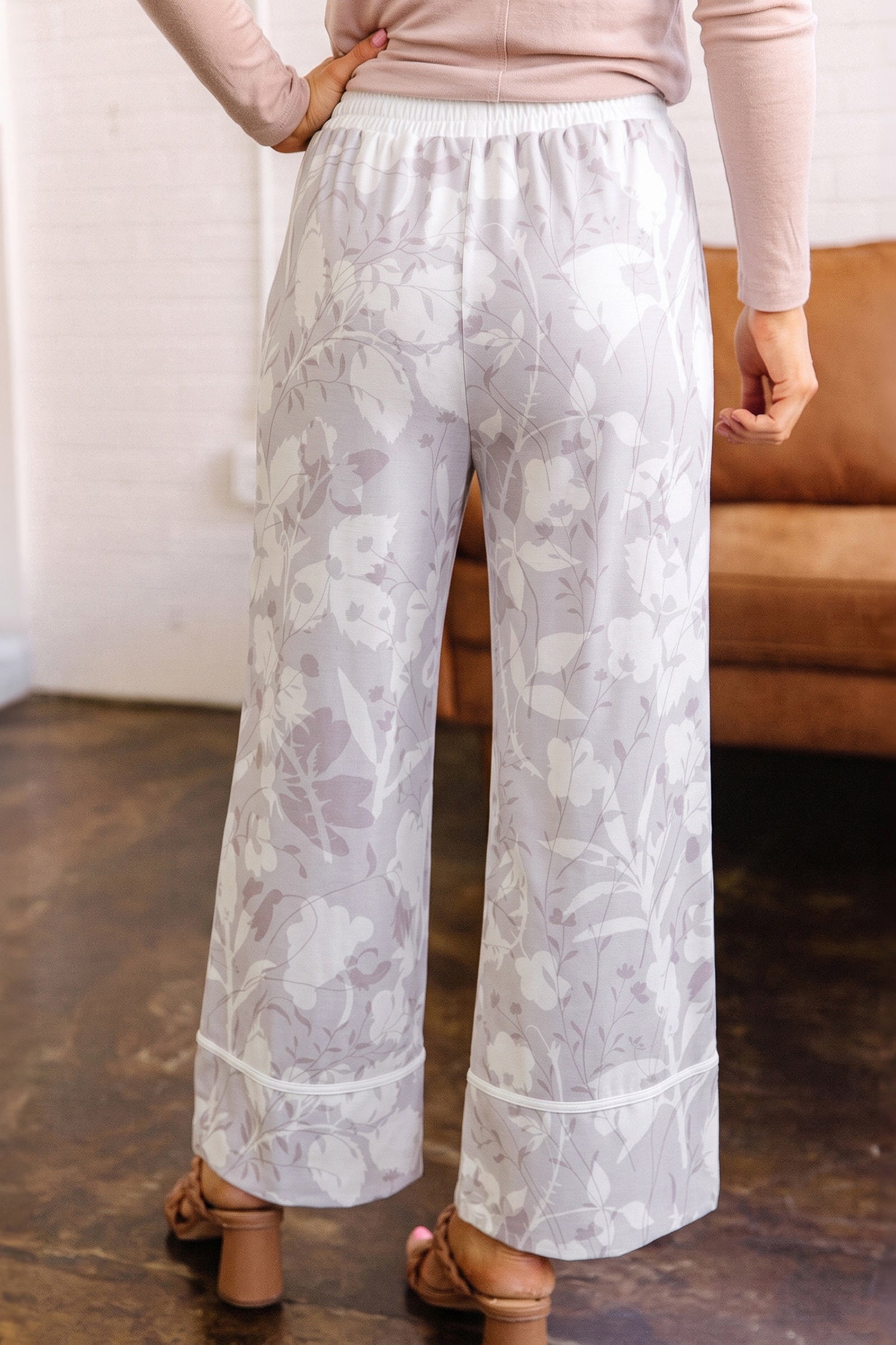 Gray Floral Print Wide Leg Ankle-Length Elastic Waistband Pants-Bottoms/Pants & Culotte-[Adult]-[Female]-2022 Online Blue Zone Planet