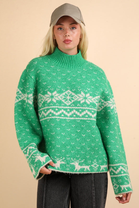 Blue Zone Planet | VERY J Christmas Element Mock Neck Long Sleeve Sweater-TOPS / DRESSES-[Adult]-[Female]-Green-S-2022 Online Blue Zone Planet