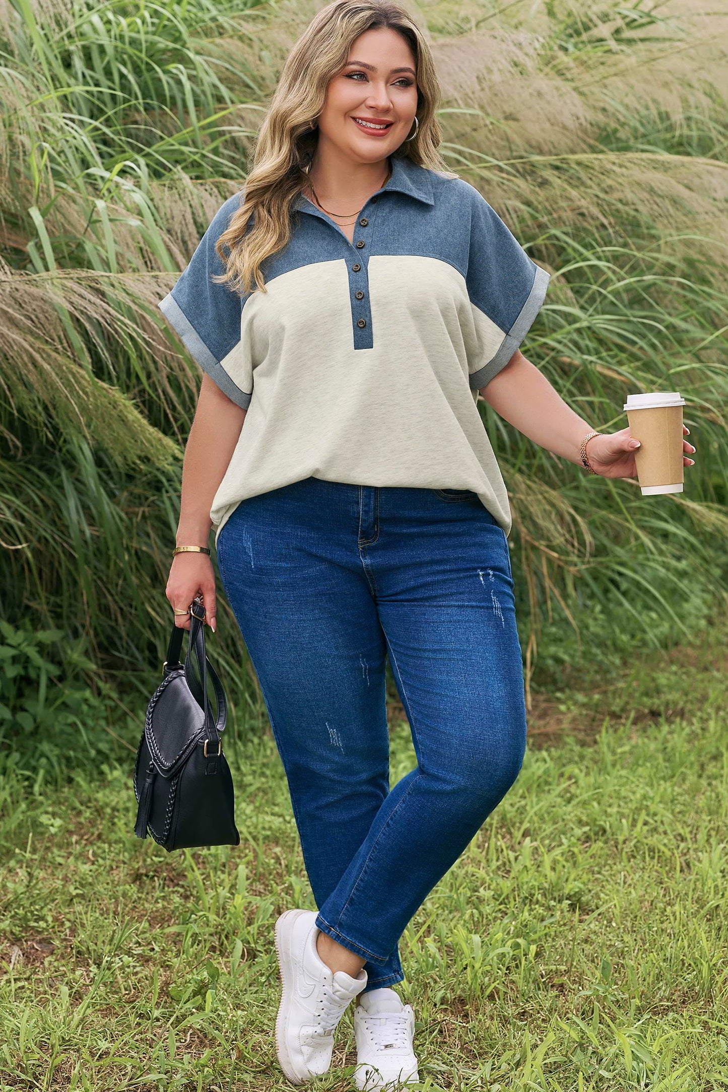 Light Grey Half Buttons Collared Denim Patchwork Plus Short Sleeve Top-Plus Size/Plus Size Tops/Plus Size Blouses & Shirts-[Adult]-[Female]-2022 Online Blue Zone Planet