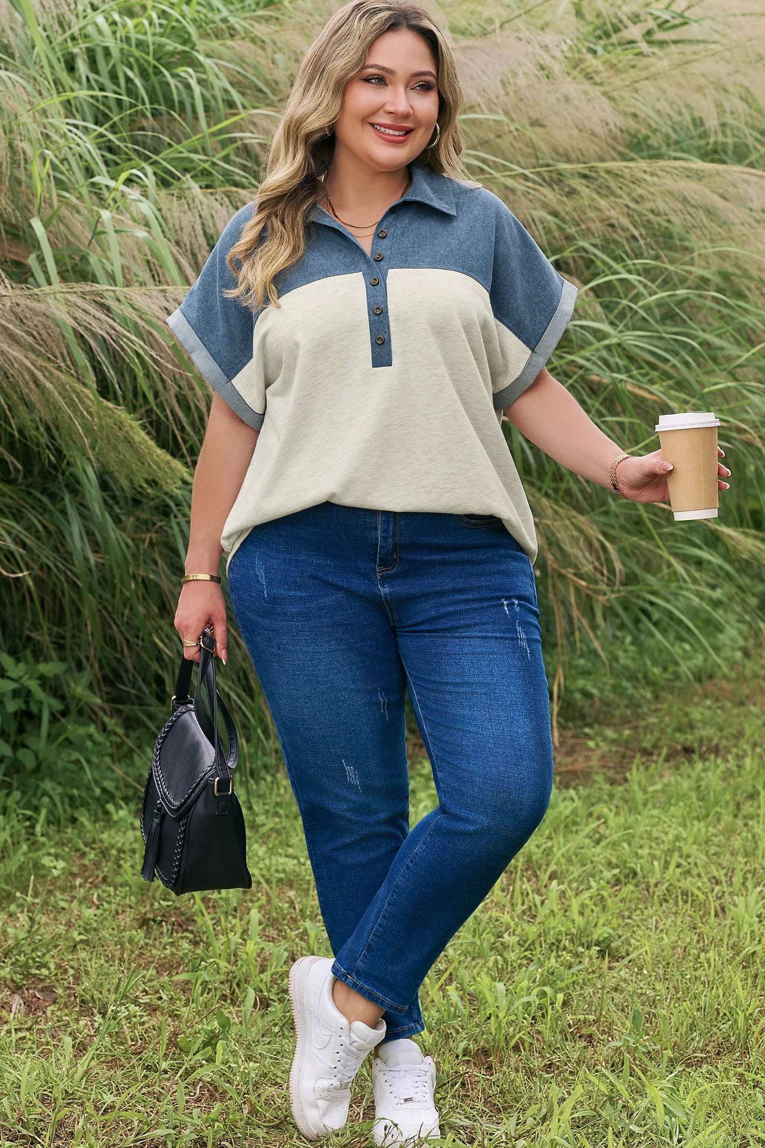 Light Grey Half Buttons Collared Denim Patchwork Plus Short Sleeve Top-Plus Size/Plus Size Tops/Plus Size Blouses & Shirts-[Adult]-[Female]-2022 Online Blue Zone Planet
