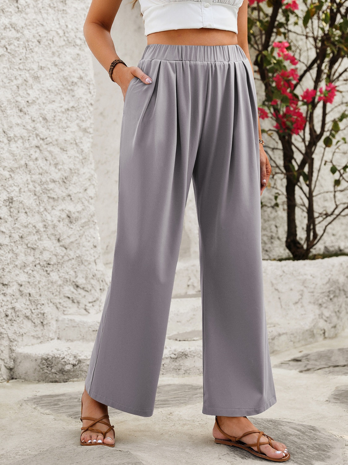 Blue Zone Planet | Elastic Waist Wide Leg Pants-TOPS / DRESSES-[Adult]-[Female]-2022 Online Blue Zone Planet