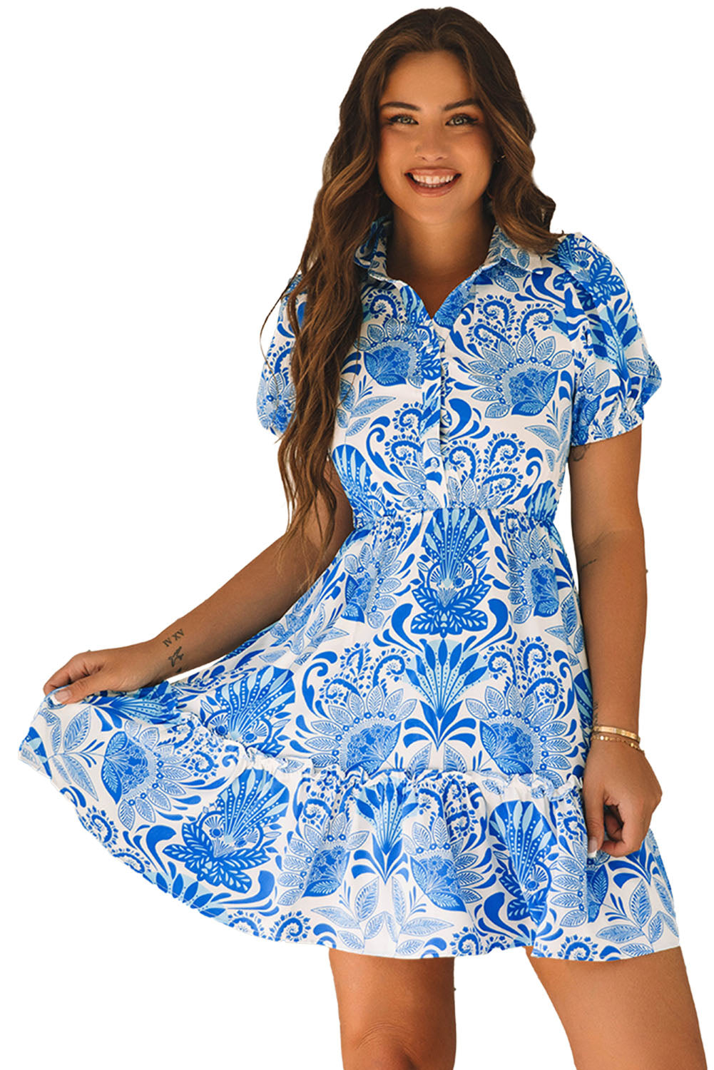 Blue Zone Planet | Sky Blue Retro Floral Print Drawstring Waist Ruffled Mini Dress-TOPS / DRESSES-[Adult]-[Female]-2022 Online Blue Zone Planet