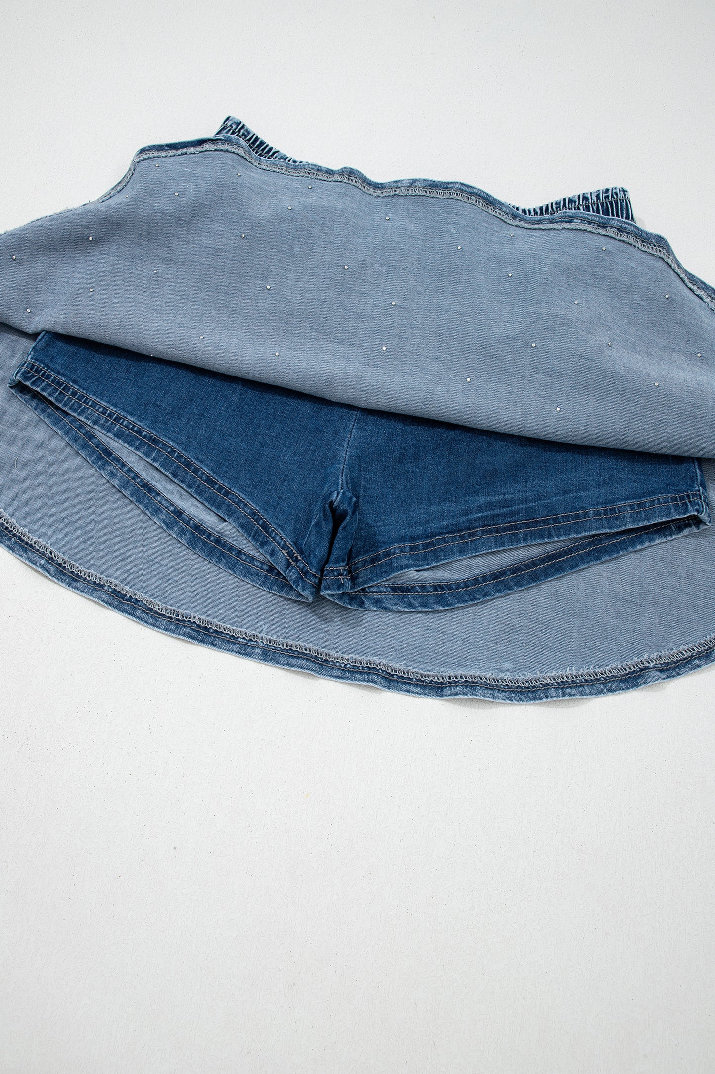 Ashleigh Blue Denim Pearl Embellished Elastic Waist Mini Skort-Bottoms/Denim Shorts-[Adult]-[Female]-2022 Online Blue Zone Planet