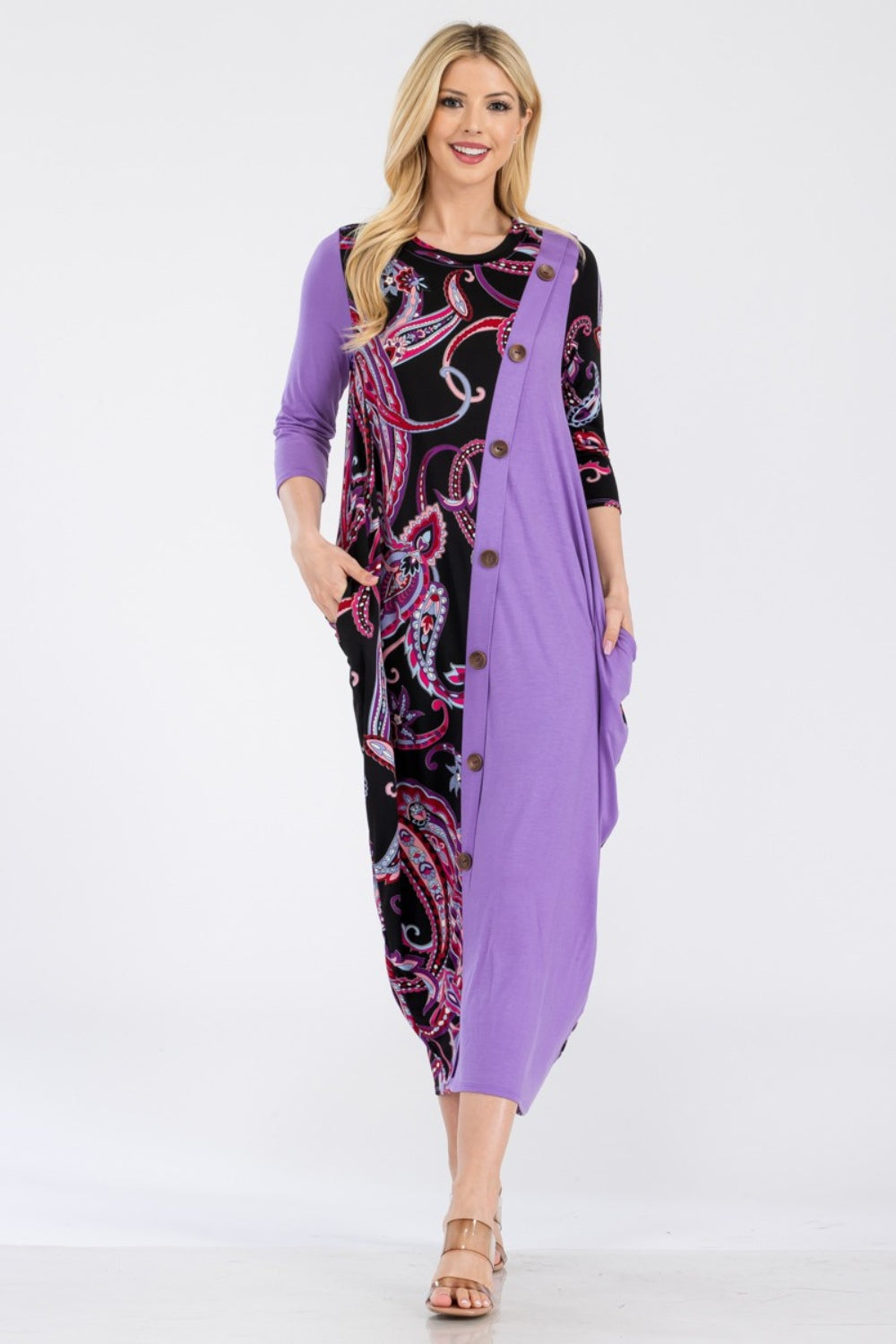 Celeste Full Size Paisley Contrast Midi Dress with Pockets-TOPS / DRESSES-[Adult]-[Female]-Lilac-S-2022 Online Blue Zone Planet