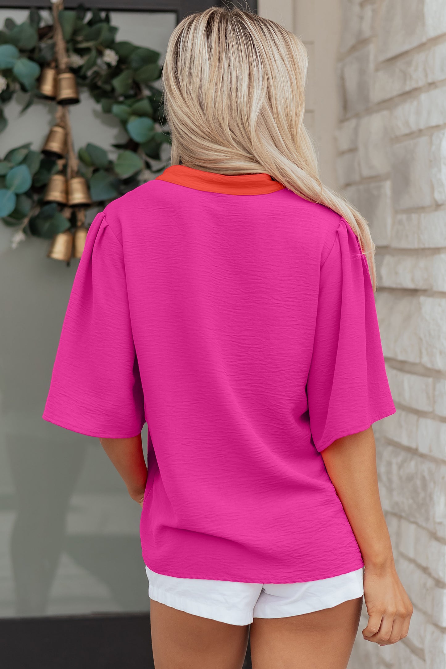 Rose Red Contrast V Neck Colorblock Wide Short Sleeve Top-Tops/Blouses & Shirts-[Adult]-[Female]-2022 Online Blue Zone Planet