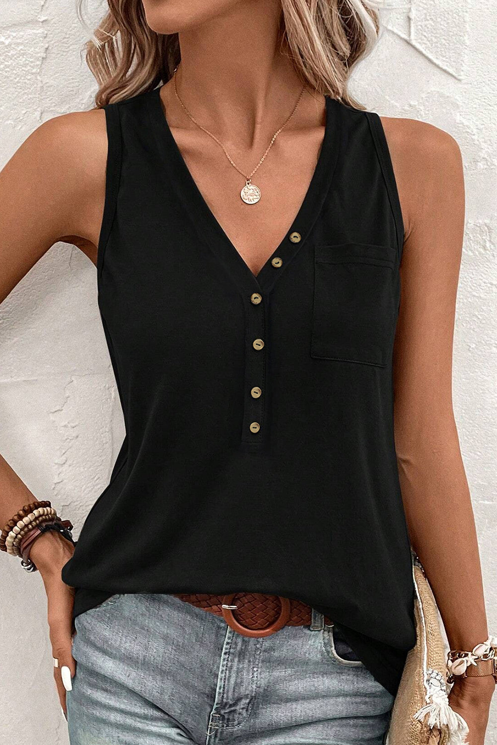 Black Half Button V Neck Patched Pocket Tank Top-Tops/Tank Tops-[Adult]-[Female]-2022 Online Blue Zone Planet