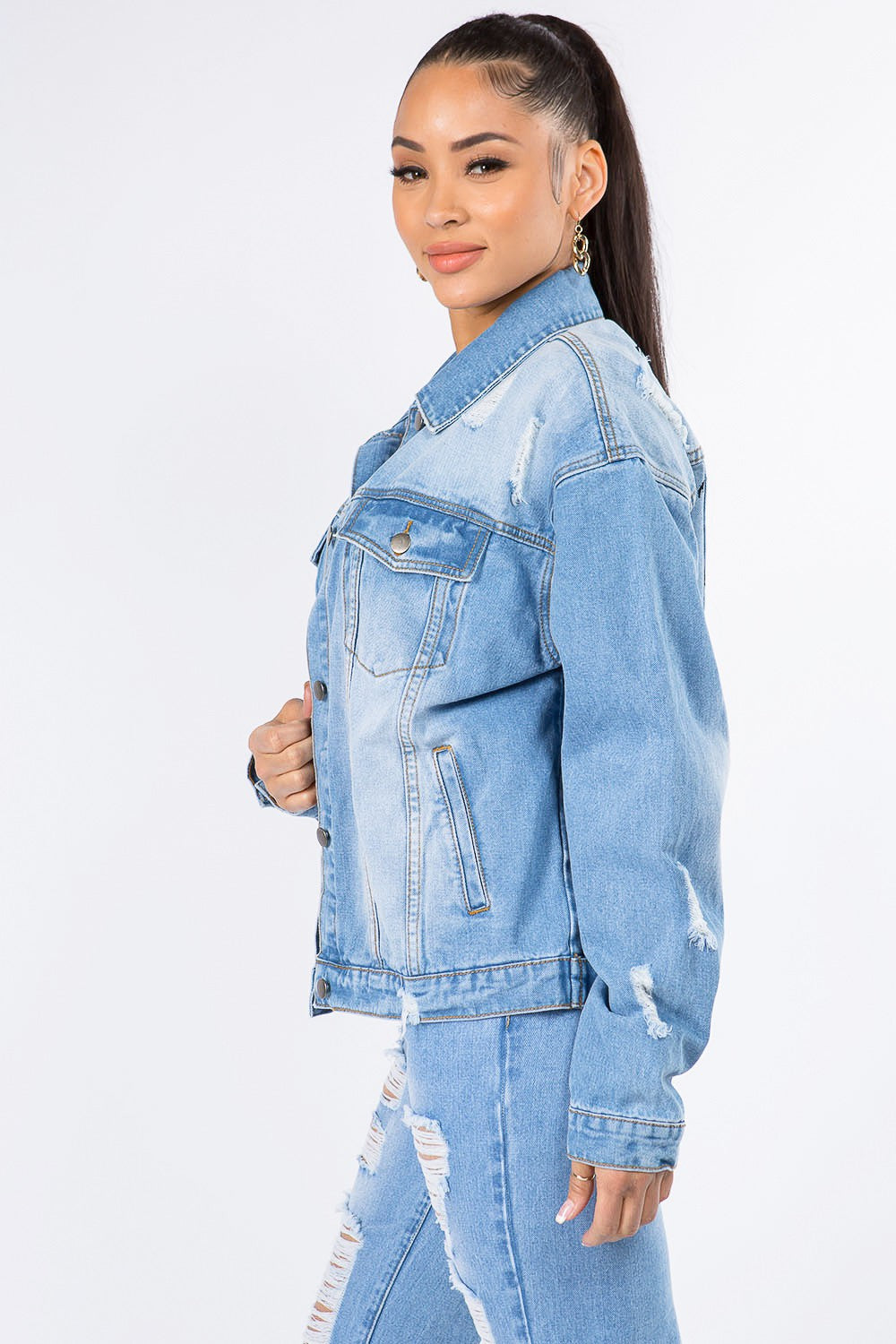 American Bazi Graphic Distressed Long Sleeve Denim Jacket-TOPS / DRESSES-[Adult]-[Female]-2022 Online Blue Zone Planet