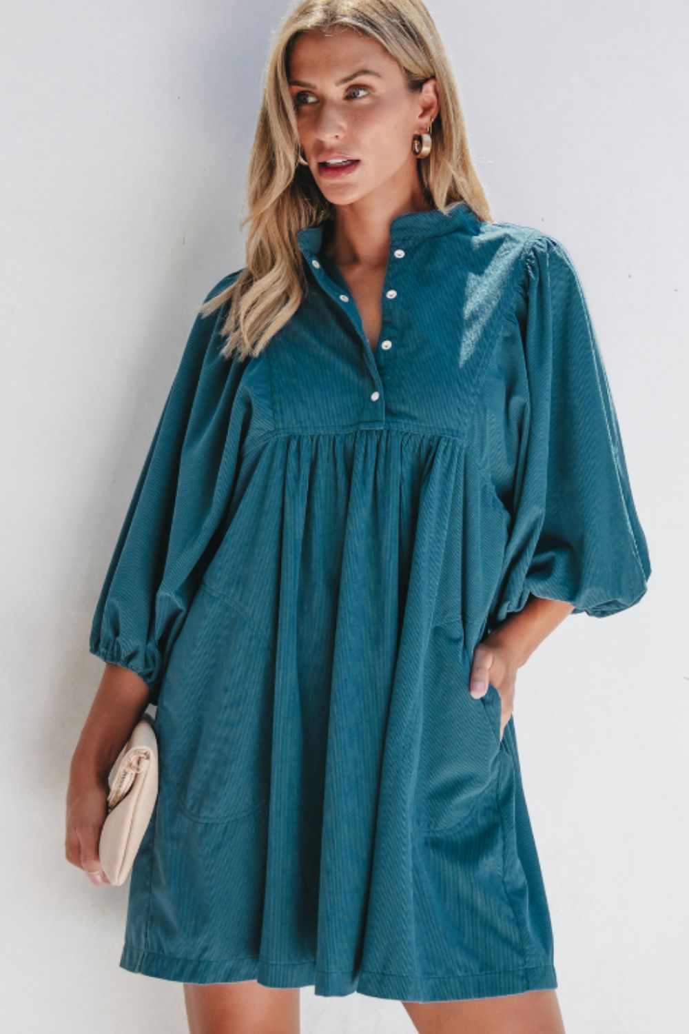 Corduroy Quarter Snap Three-Quarter Sleeve Dress-TOPS / DRESSES-[Adult]-[Female]-Peacock Blue-S-2022 Online Blue Zone Planet