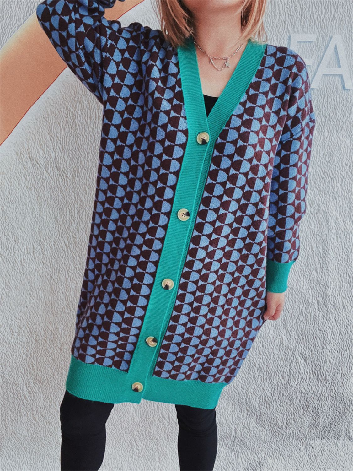 Contrast Trim Geometric Button Down Cardigan-TOPS / DRESSES-[Adult]-[Female]-2022 Online Blue Zone Planet