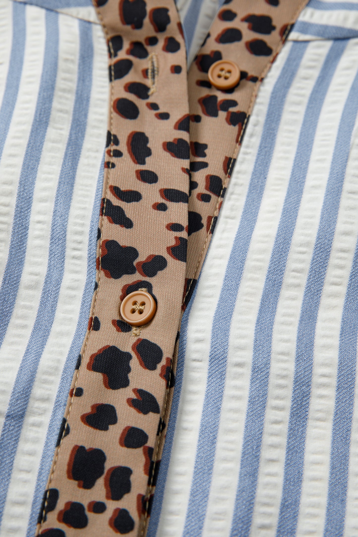 Sky Blue Stripe Leopard Trim V Neck Button Down Half Sleeve Shirt-Tops/Blouses & Shirts-[Adult]-[Female]-2022 Online Blue Zone Planet