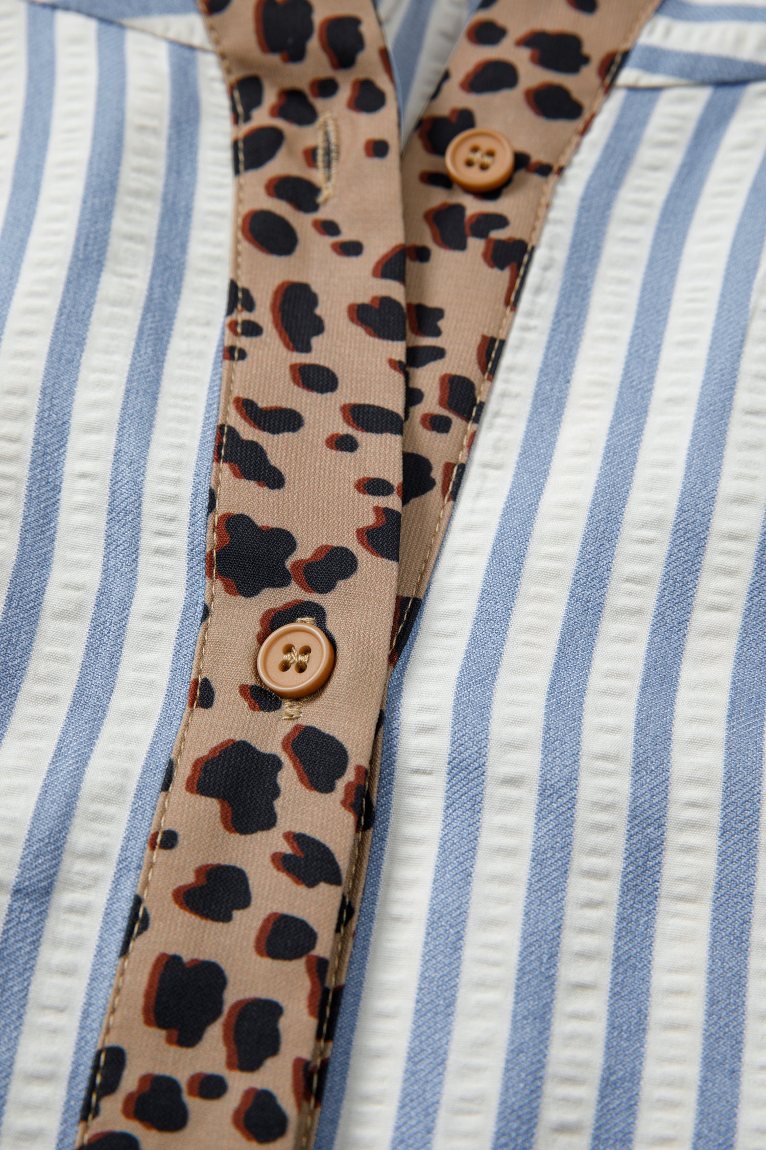 Sky Blue Stripe Leopard Trim V Neck Button Down Half Sleeve Shirt-Tops/Blouses & Shirts-[Adult]-[Female]-2022 Online Blue Zone Planet