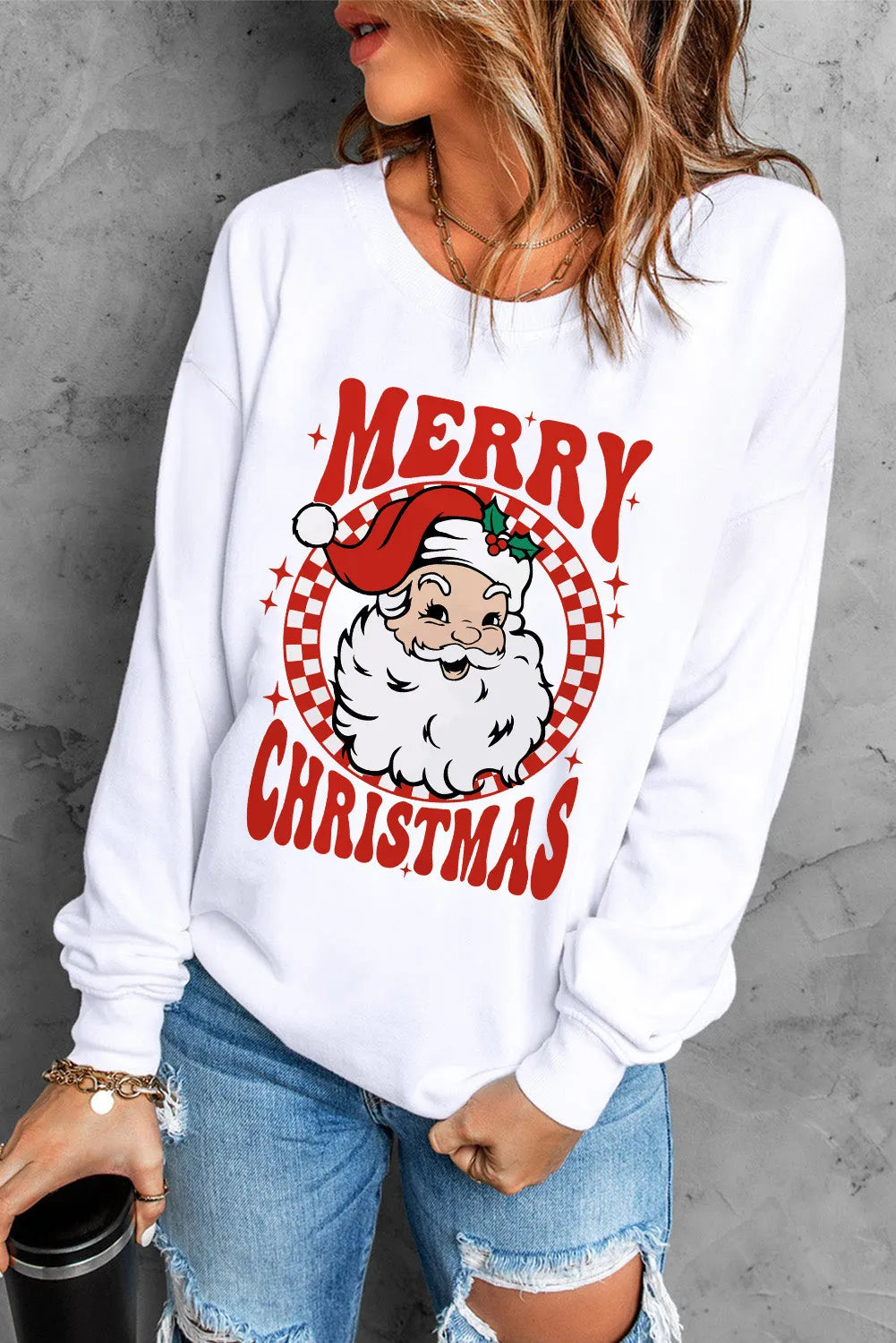 Santa Graphic Round Neck Long Sleeve Sweatshirt-TOPS / DRESSES-[Adult]-[Female]-White-S-2022 Online Blue Zone Planet