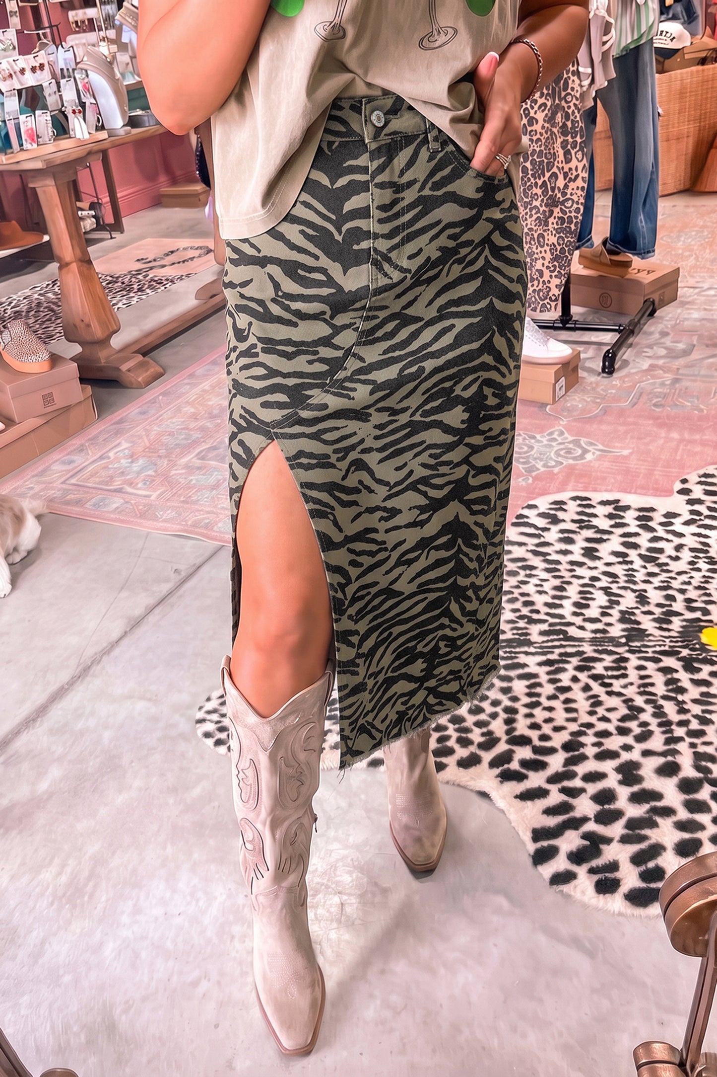 Brown Leopard Print Side Split Frayed Hem Denim Midi Skirt-Bottoms/Skirts & Petticoat-[Adult]-[Female]-Brown-S-2022 Online Blue Zone Planet