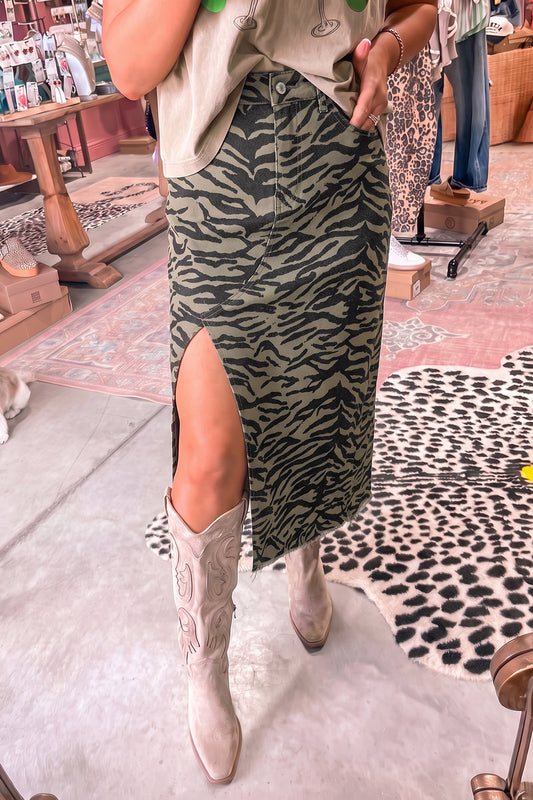 Brown Leopard Print Side Split Frayed Hem Denim Midi Skirt-Bottoms/Skirts & Petticoat-[Adult]-[Female]-Brown-S-2022 Online Blue Zone Planet