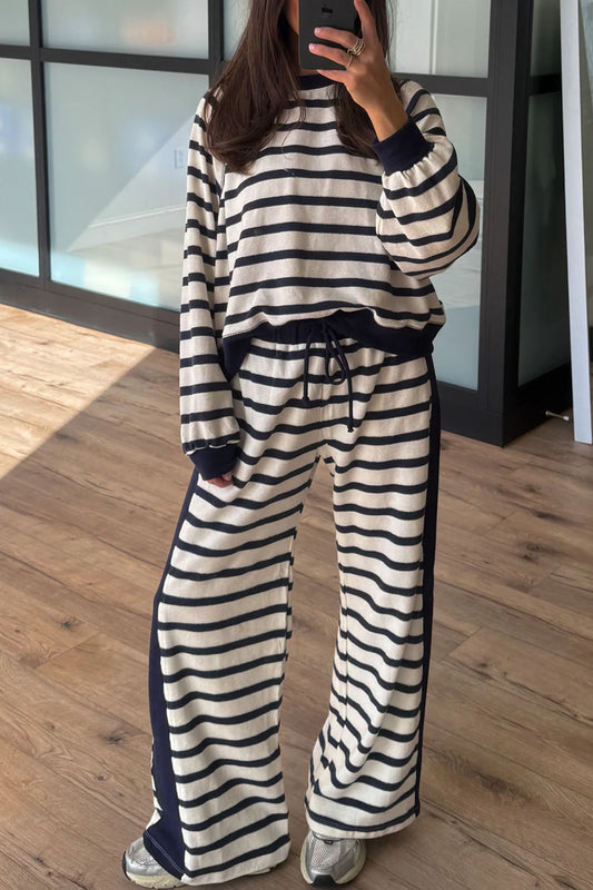 Beige Stripe Relaxed Long Sleeve Top Color Block Detail Drawstring Pant Set-Two Piece Sets/Pant Sets-[Adult]-[Female]-2022 Online Blue Zone Planet