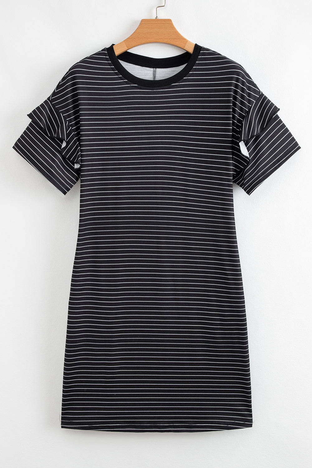 Black Stripe Ruffled Short Sleeve Crew Neck T Shirt Shift Mini Dress-TOPS / DRESSES-[Adult]-[Female]-2022 Online Blue Zone Planet