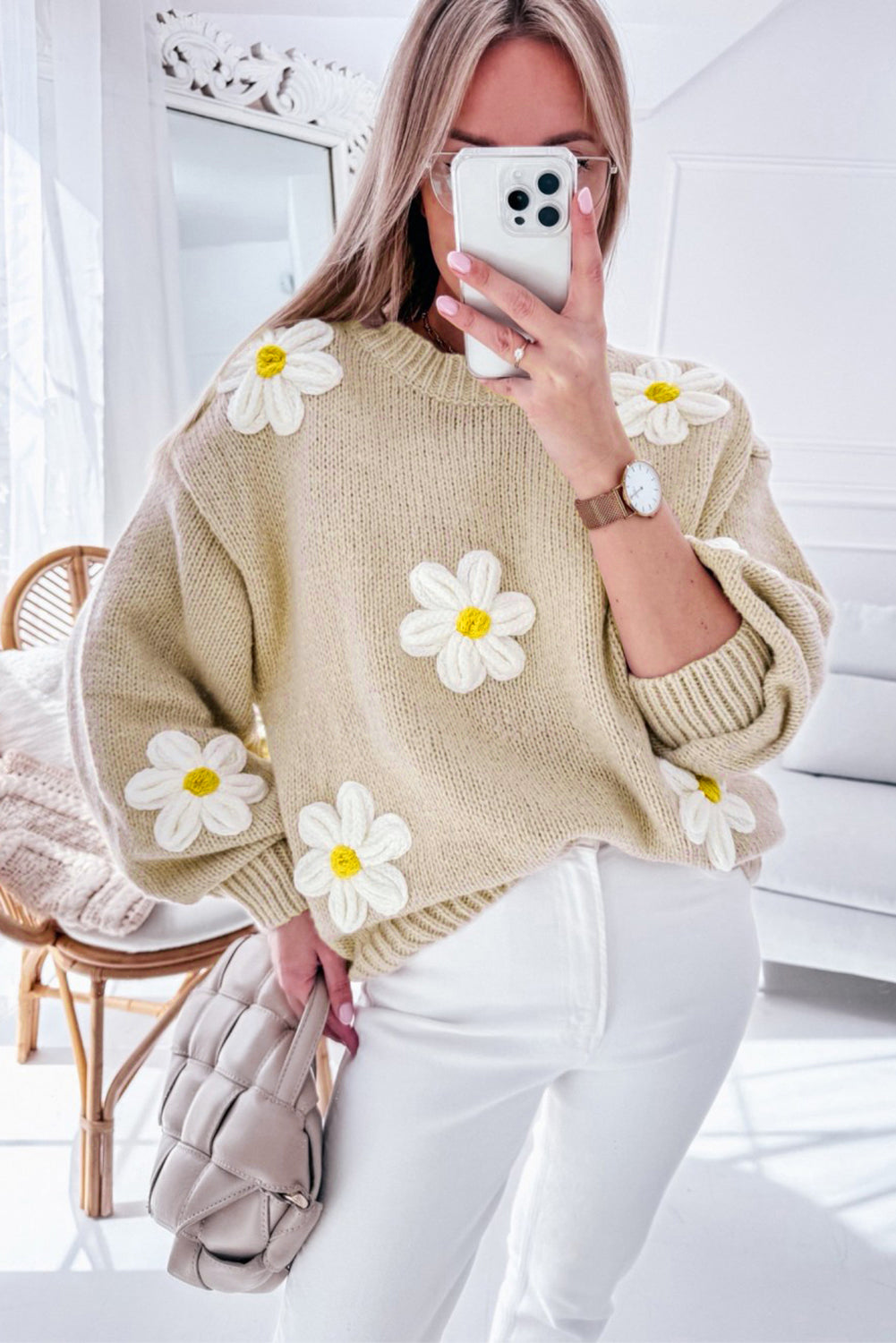 Parchment Floral Crochet Chunky Knit Sweater-Sweaters & Cardigans/Sweaters-[Adult]-[Female]-2022 Online Blue Zone Planet