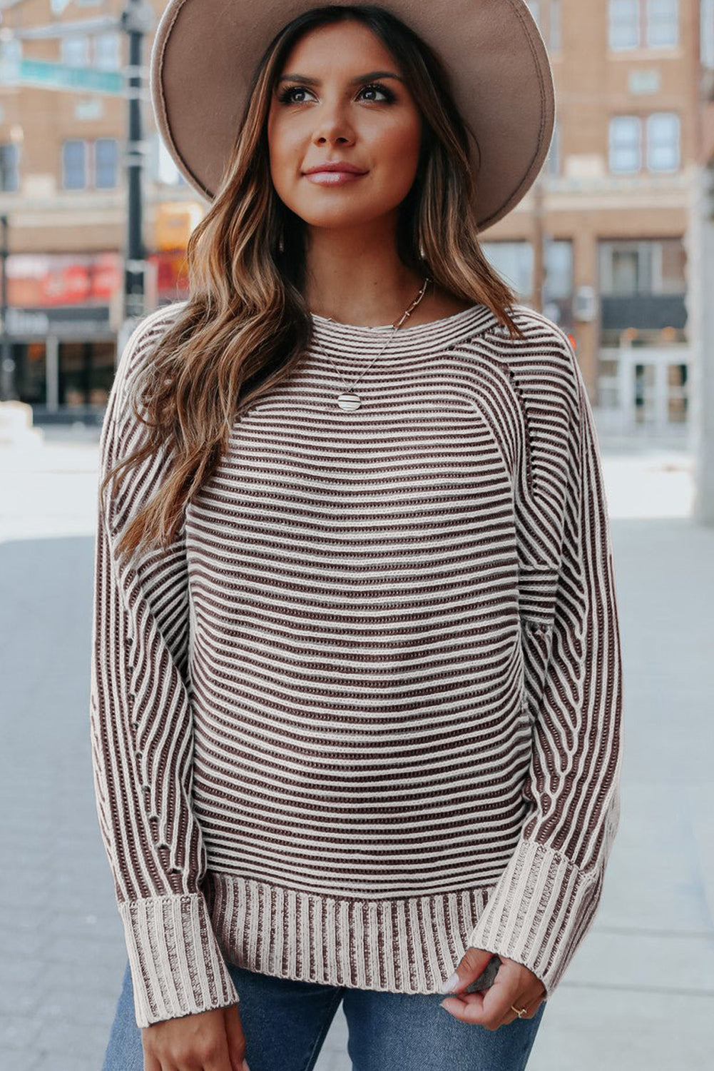 Coffee Striped Print Ribbed Knit Boat Neck Baggy Sweater-Sweaters & Cardigans/Sweaters-[Adult]-[Female]-2022 Online Blue Zone Planet