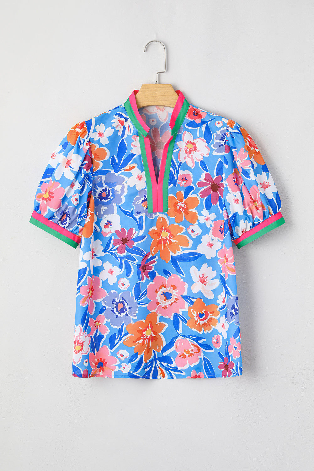 Sky Blue Floral Colorblock Edge Puff Sleeve Split Neck Blouse-Tops/Blouses & Shirts-[Adult]-[Female]-2022 Online Blue Zone Planet