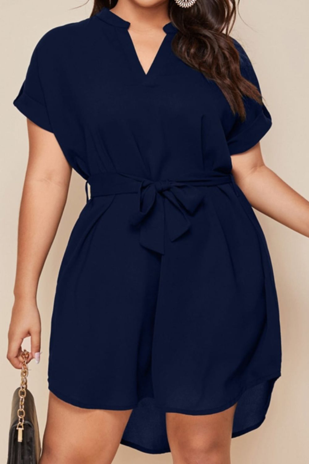 Plus Size Notched Tie Waist Mini Dress BLUE ZONE PLANET