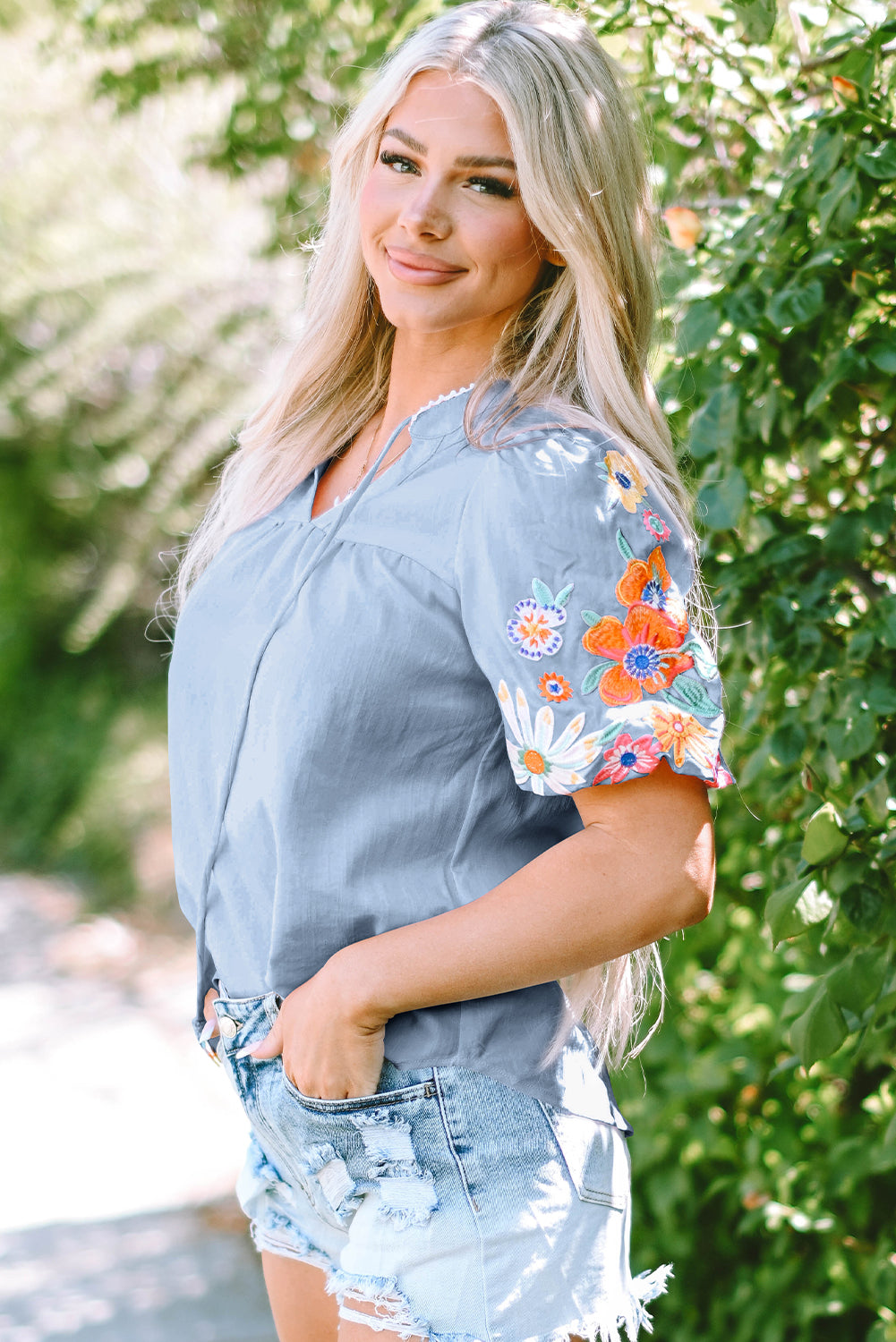 Beau Blue Floral Embroidered Puff Sleeve Split Neck Blouse-Tops/Blouses & Shirts-[Adult]-[Female]-2022 Online Blue Zone Planet