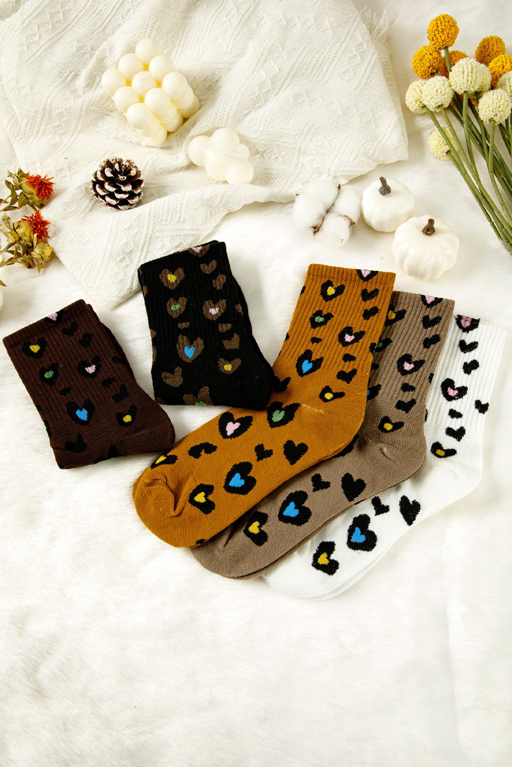Bristol Black 5 Pairs Ribbed Trim Heart Leopard Print Socks-Socks-[Adult]-[Female]-2022 Online Blue Zone Planet