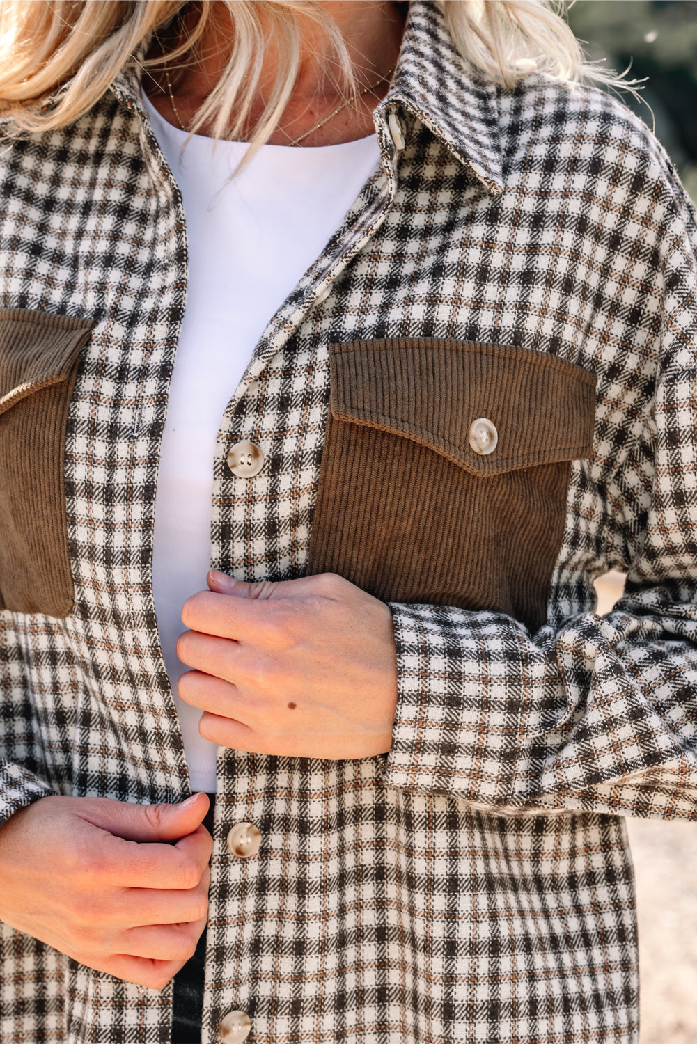 Casual Contrast Corduroy Flap Pocket Patchwork Plaid Shacket-Outerwear/Plaid Shackets-[Adult]-[Female]-2022 Online Blue Zone Planet
