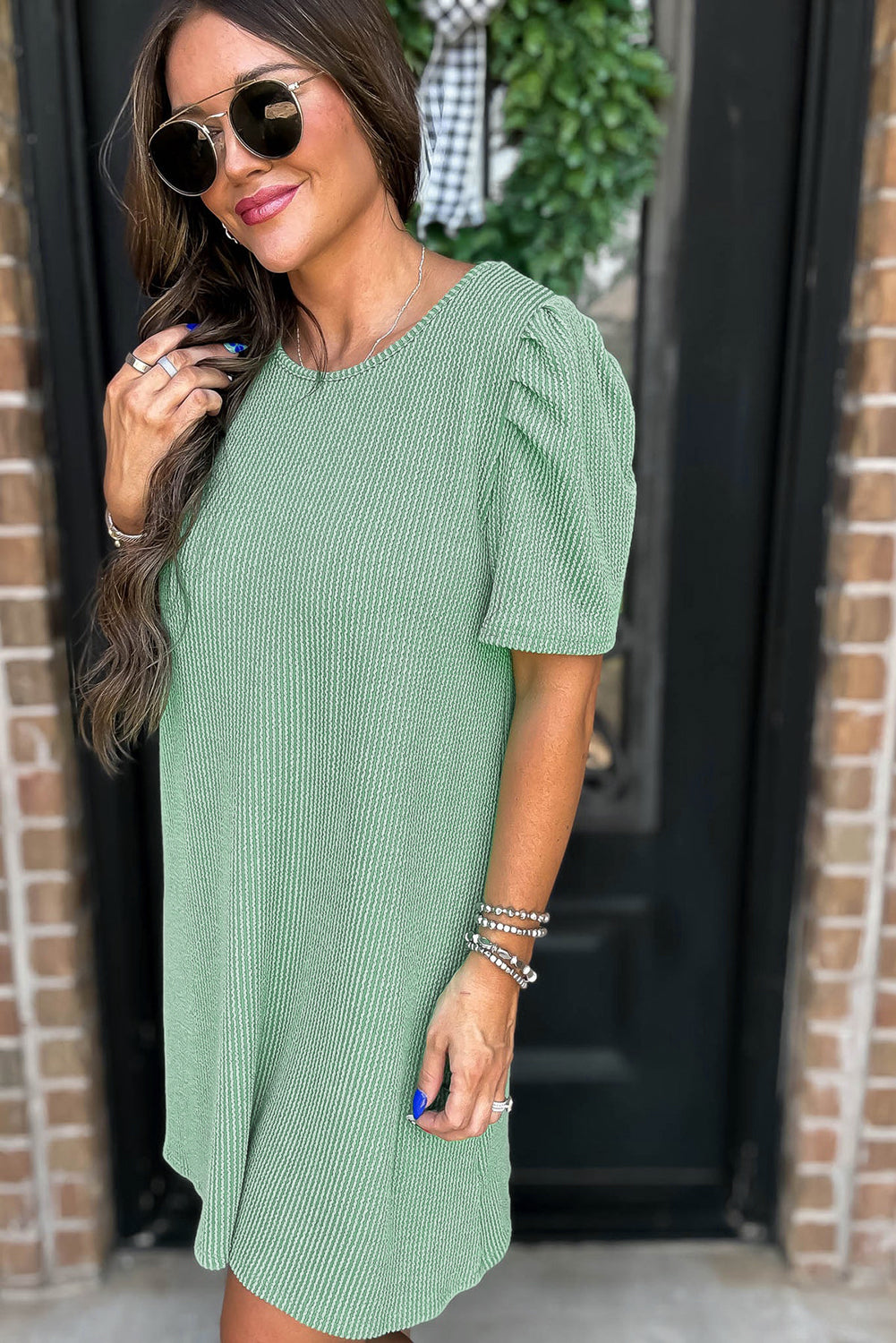 Mint Green Corded Knit Crew Neck Puff Sleeve Shift Mini Dress-TOPS / DRESSES-[Adult]-[Female]-2022 Online Blue Zone Planet