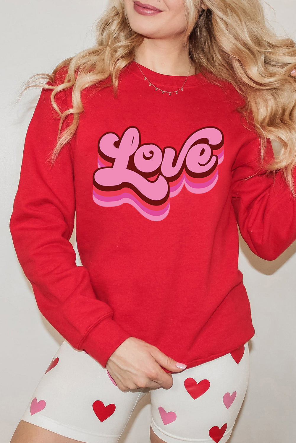 Red love Letter Printed Crewneck Valentines Day Sweatshirt-Graphic Sweatshirts-[Adult]-[Female]-Red-S-2022 Online Blue Zone Planet