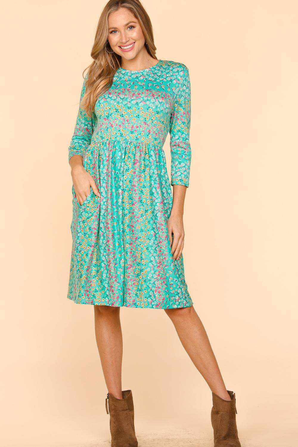 Haptics Round Neck Floral Dress with Pockets-TOPS / DRESSES-[Adult]-[Female]-Mint-S-2022 Online Blue Zone Planet