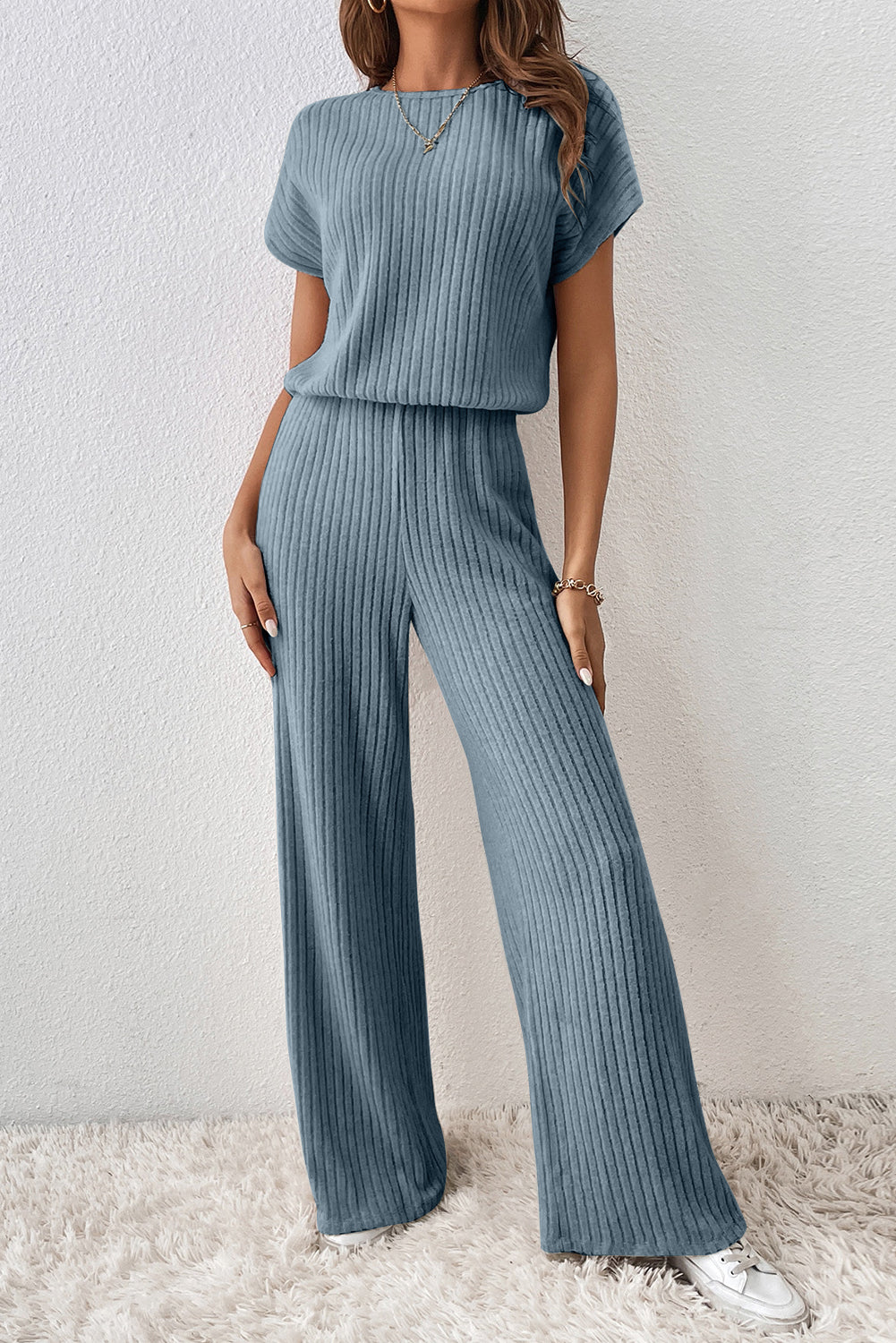 Dusk Blue Ribbed Keyhole Short Sleeve Wide Leg Jumpsuit-Bottoms/Jumpsuits & Rompers-[Adult]-[Female]-2022 Online Blue Zone Planet